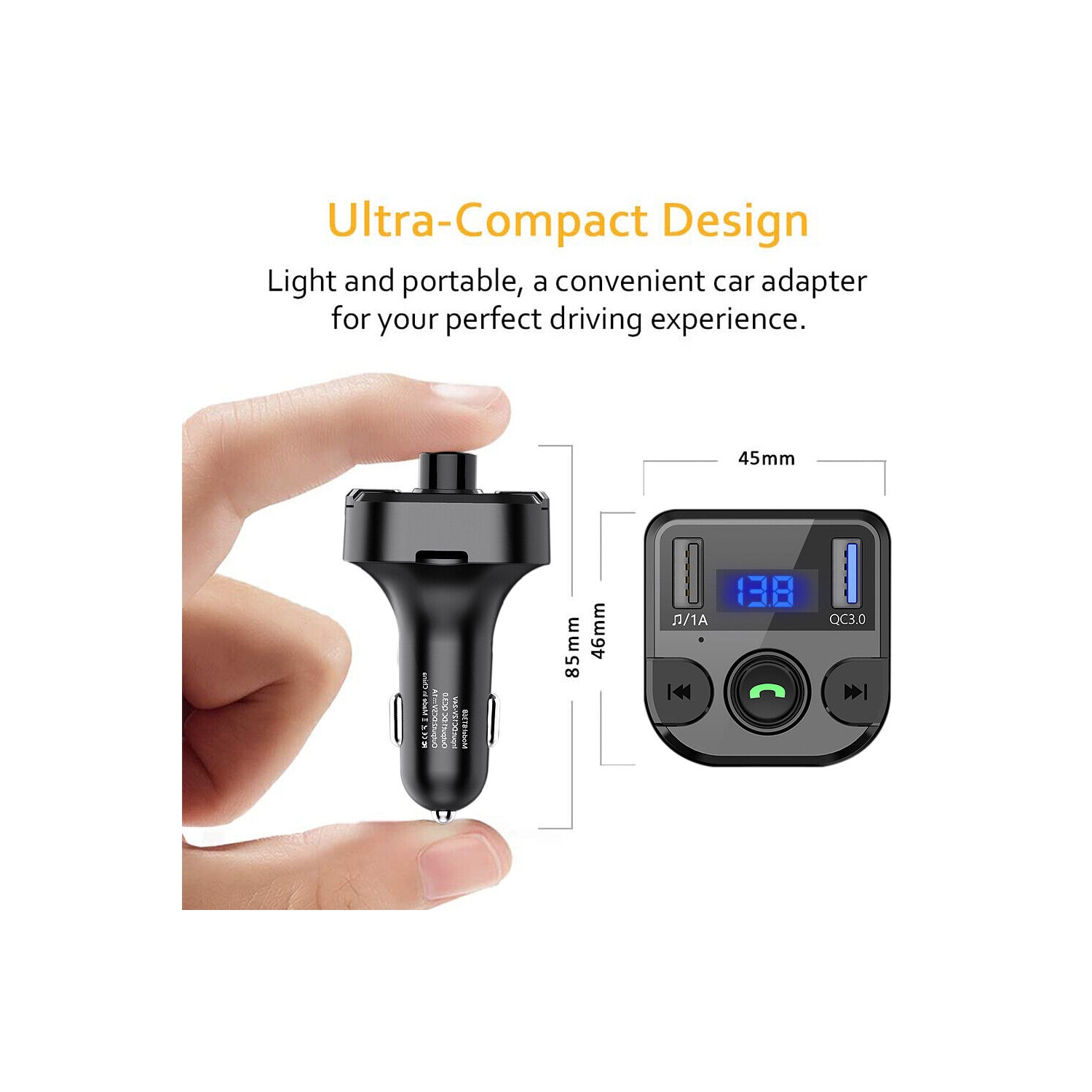 V5.0 Bluetooth FM Transmitter, QC3.0 Dual USB Port Handsfree Call Car Charger CA