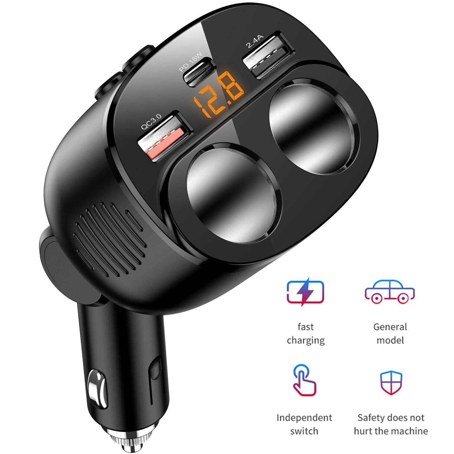 USB C Car Charger, 2 Sockets Cigarette Lighter Splitter 12/24V 80W LED Display