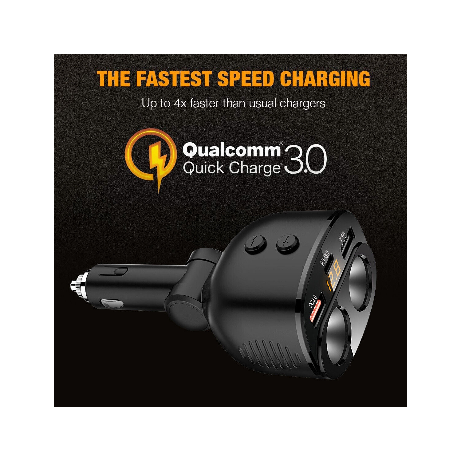 USB C Car Charger, 2 Sockets Cigarette Lighter Splitter 12/24V 80W LED Display