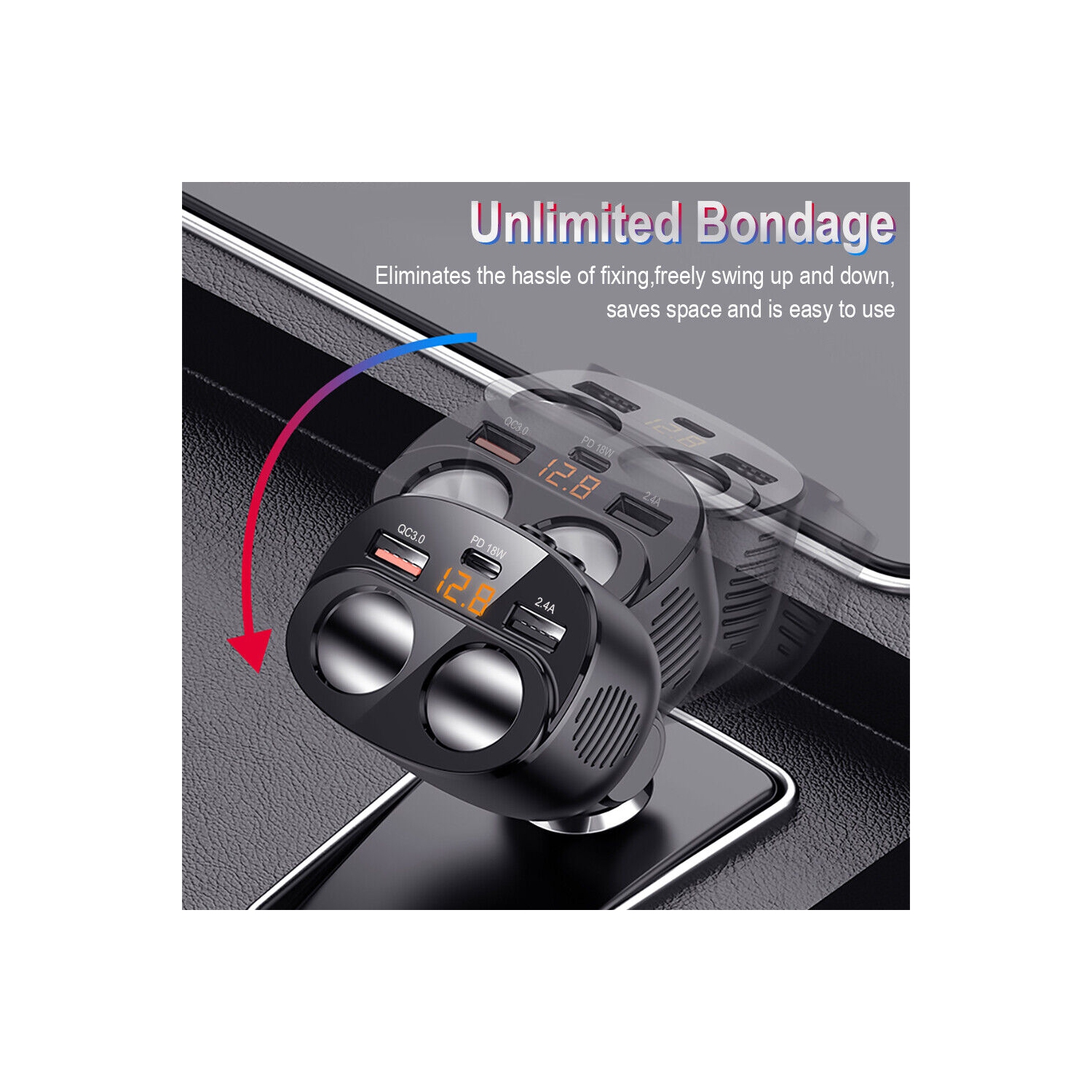 USB C Car Charger, 2 Sockets Cigarette Lighter Splitter 12/24V 80W LED Display