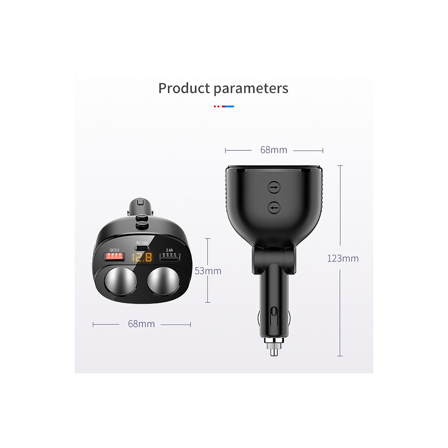 USB C Car Charger, 2 Sockets Cigarette Lighter Splitter 12/24V 80W LED Display