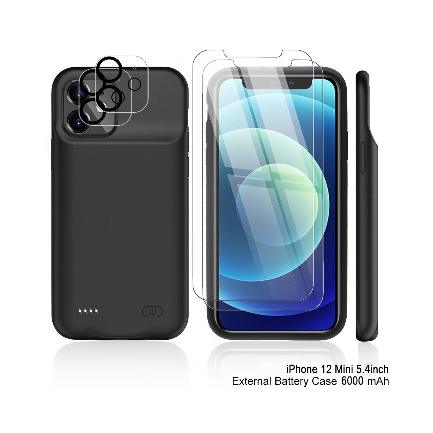 6000mAh Extended Charger Cover w/4x Tempered Glass Protector for iPhone 12 Mini