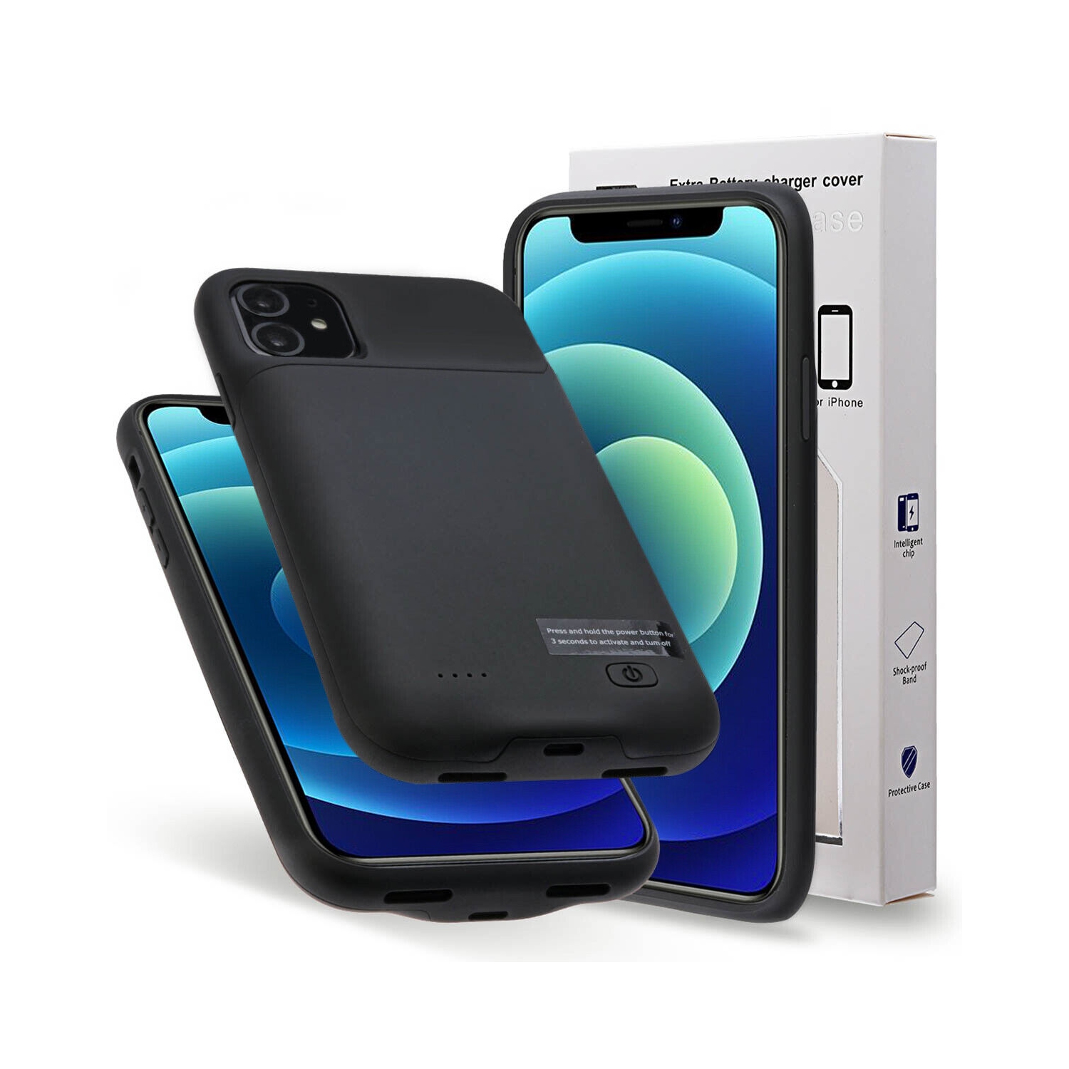 6000mAh Extended Charger Cover w/4x Tempered Glass Protector for iPhone 12 Mini