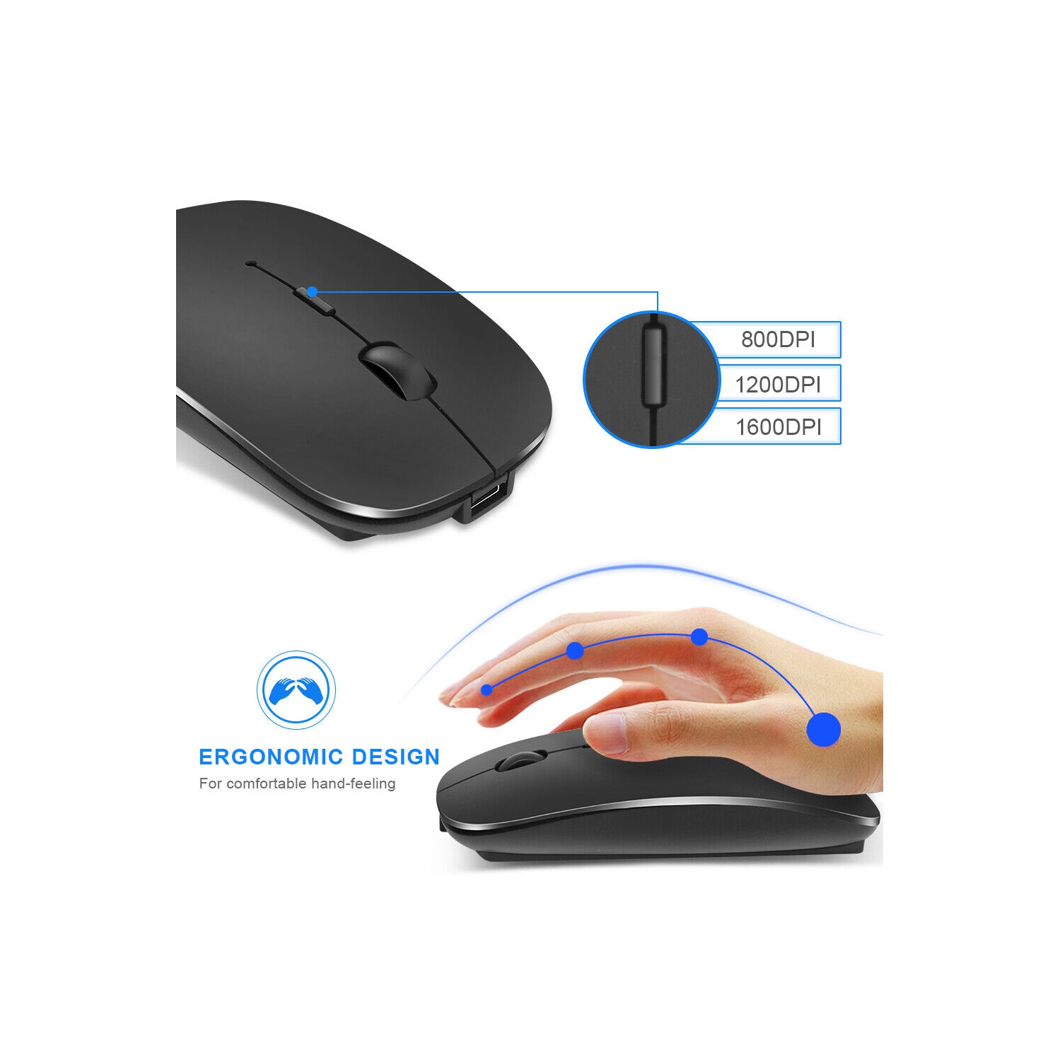 1600DPI Quiet Click Wireless Mouse, Bluetooth 5.0 / 2.4 GHz w/ USB Mini-Receiver
