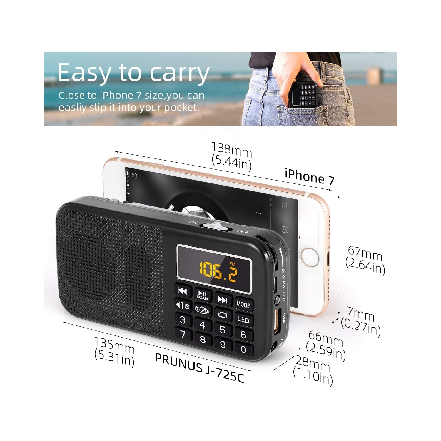 J-725 Portable FM Radio Mini USB Radio with Bluetooth Speaker and SD Card MP3 Player,3000mAh Rechargeable Small
