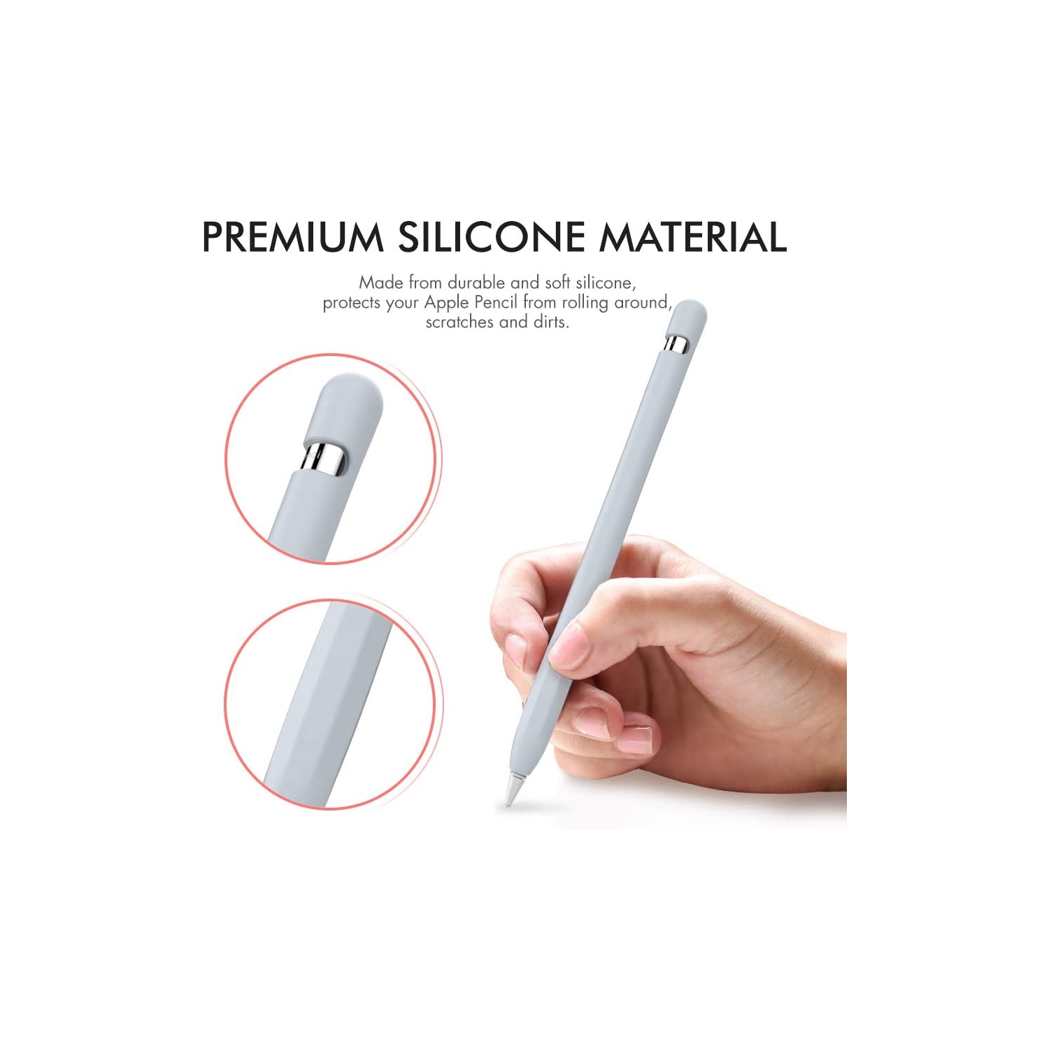 Silicone Case Sleeve Anti-Slip Protective Cover Skin [Added Cable Adapter Tether] Compatible with Apple Pencil