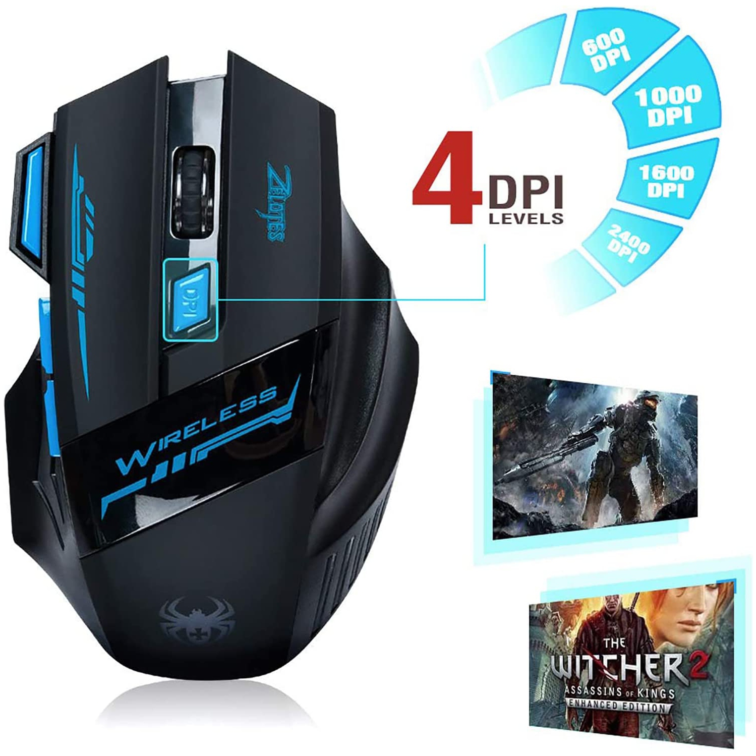 Wireless Optical Gaming Mouse, Lychee 2.4GHZ 4 DPI Adjustable USB Gaming Mice with Fire Key & Cool Breathing Light
