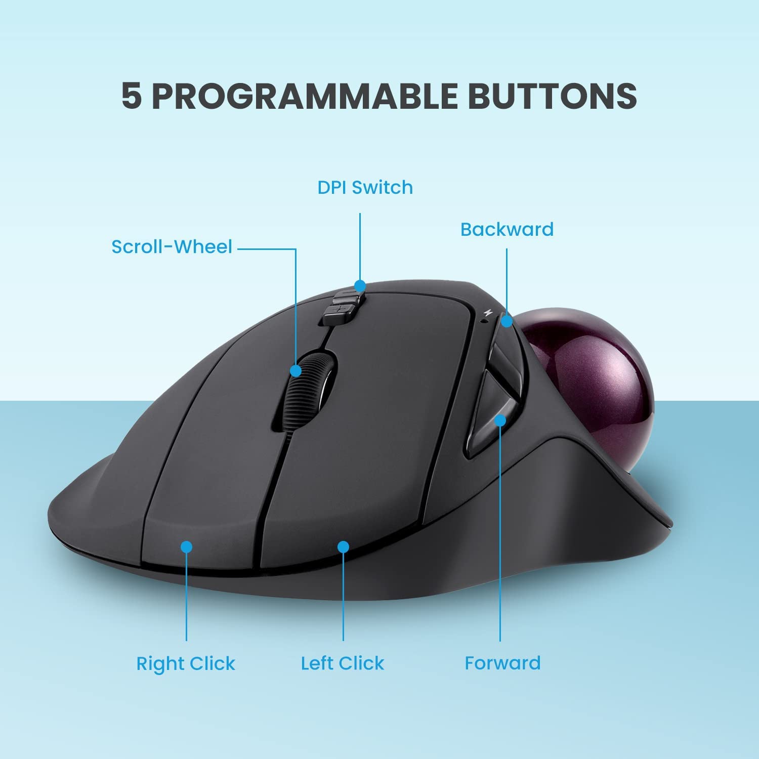 PERIMICE-717 Wireless Programmable Trackball Mouse - 7 Button Design with 5 Programmable Buttons - DPI 400/1000