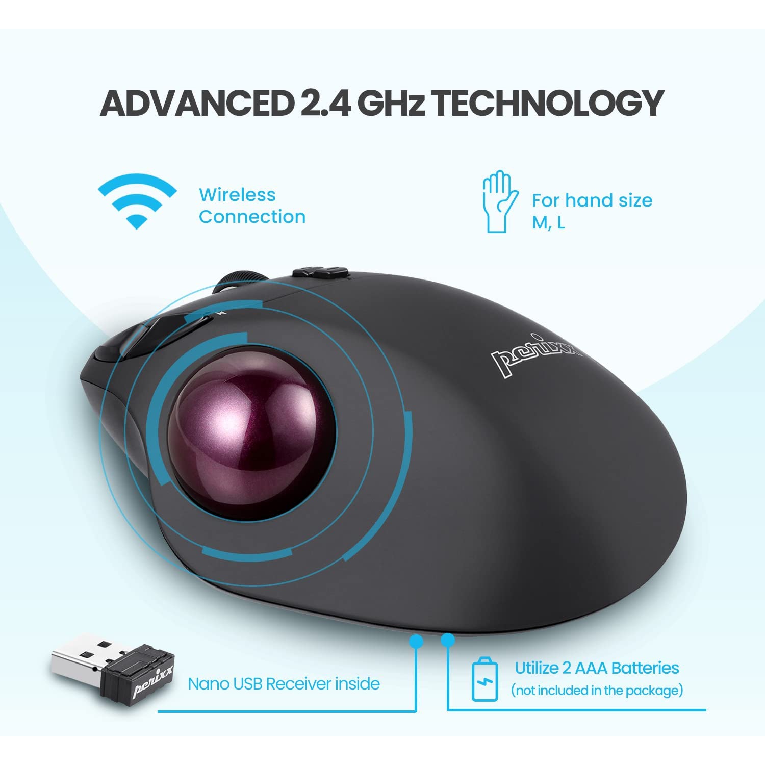 PERIMICE-717 Wireless Programmable Trackball Mouse - 7 Button Design with 5 Programmable Buttons - DPI 400/1000