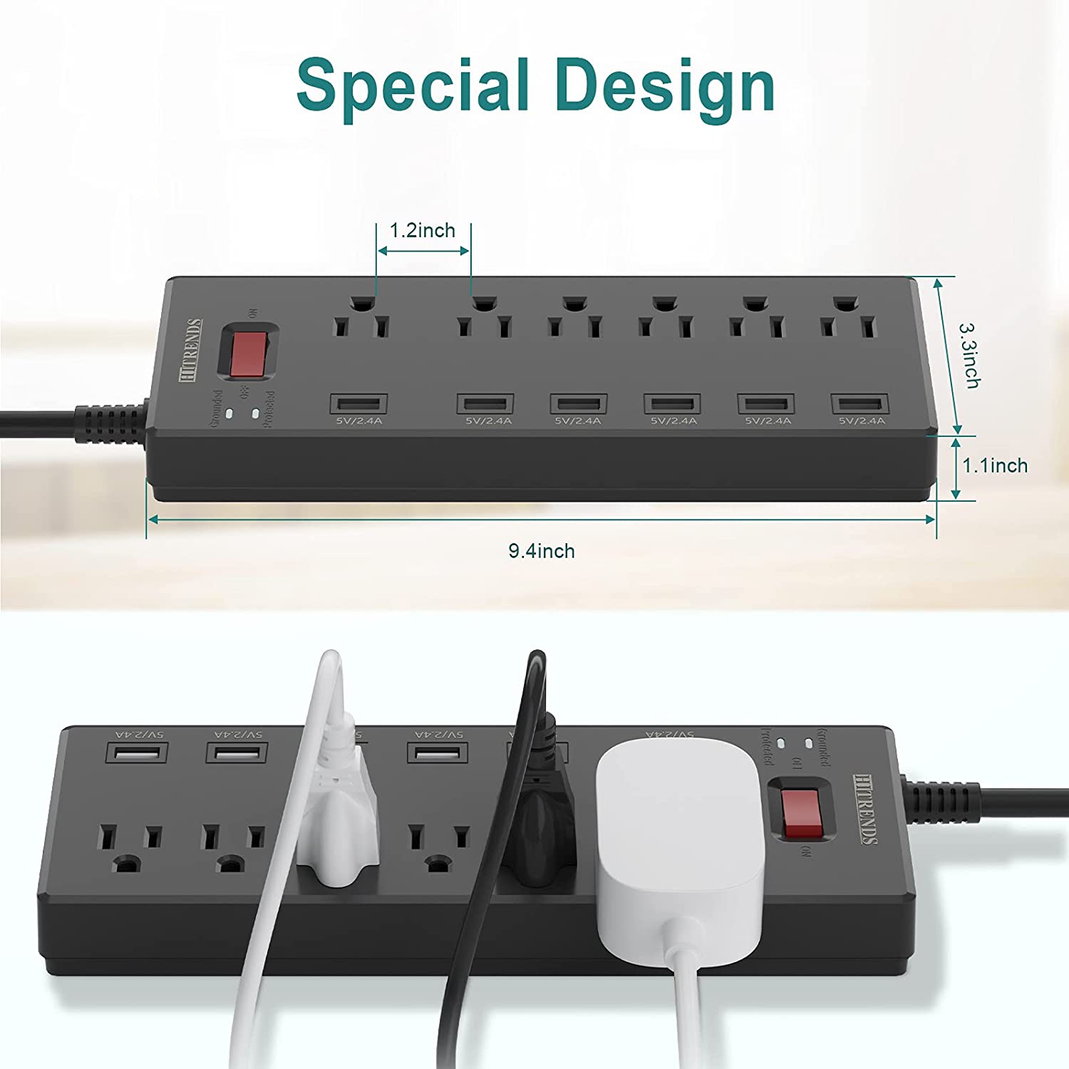 Barre d’alimentation, parasurtenseur à 6 prises avec 6 ports de chargement USB, multiprise de 1625 W/13A pour plusieurs appareils