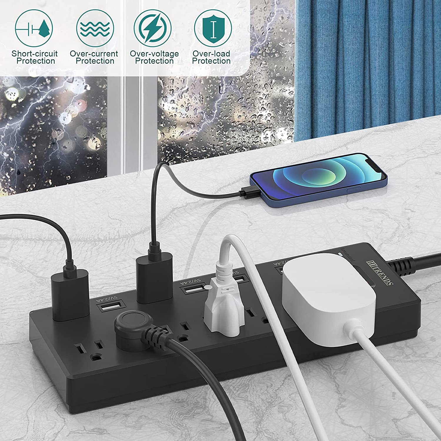 Barre d’alimentation, parasurtenseur à 6 prises avec 6 ports de chargement USB, multiprise de 1625 W/13A pour plusieurs appareils