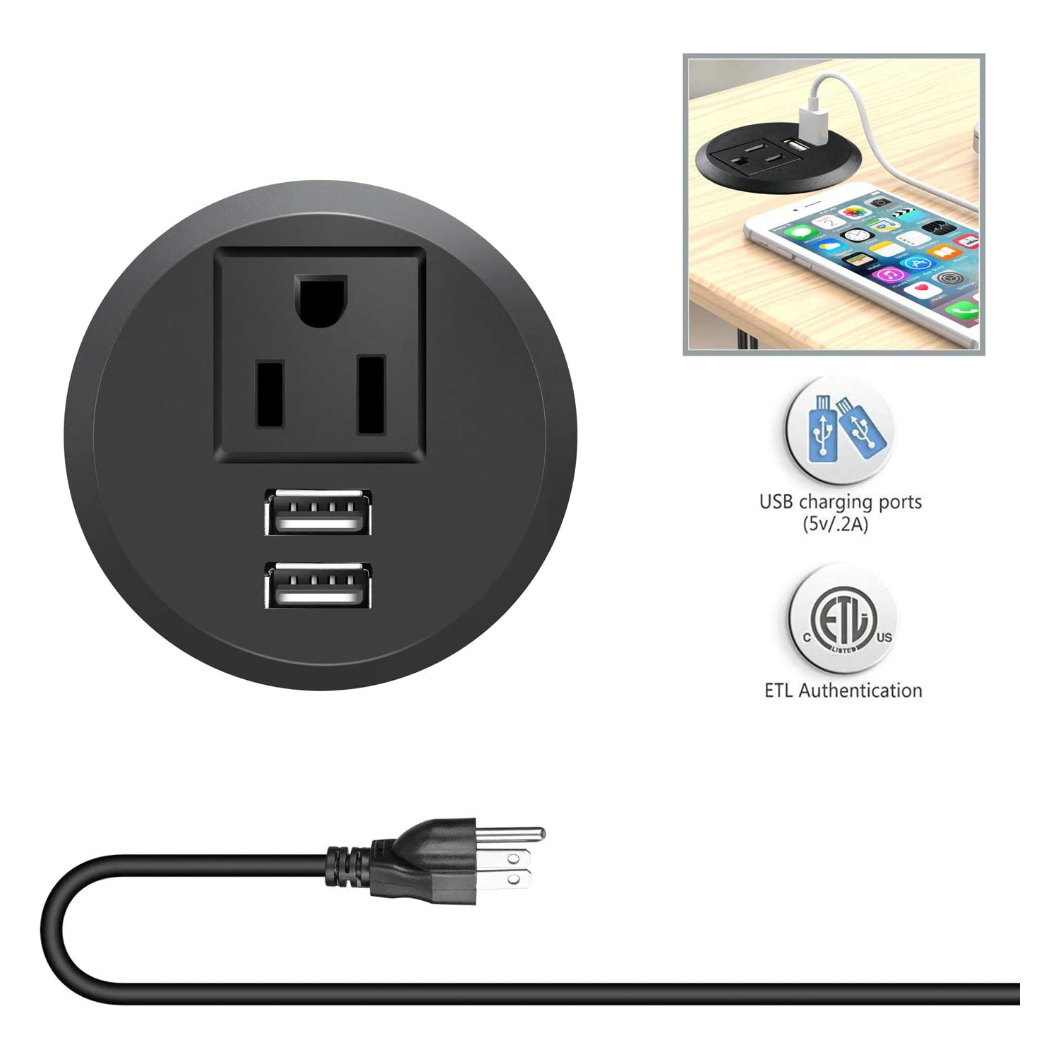 Desk Power Grommet Outlet with USB Port, Recessed Power Strip Socket, Power Plug Grommet with Outlet, 2 USB Charging