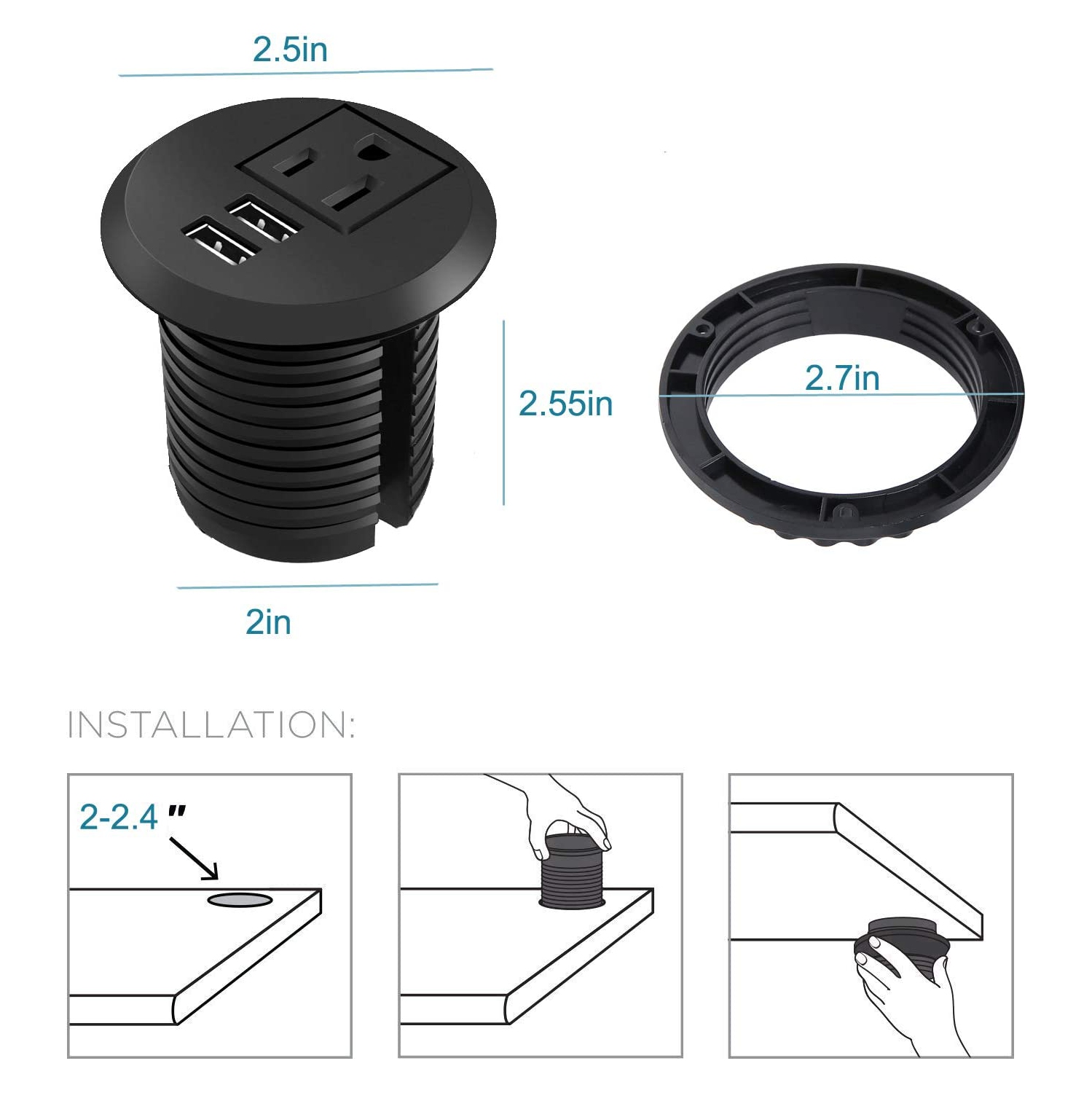 Desk Power Grommet Outlet with USB Port, Recessed Power Strip Socket, Power Plug Grommet with Outlet, 2 USB Charging