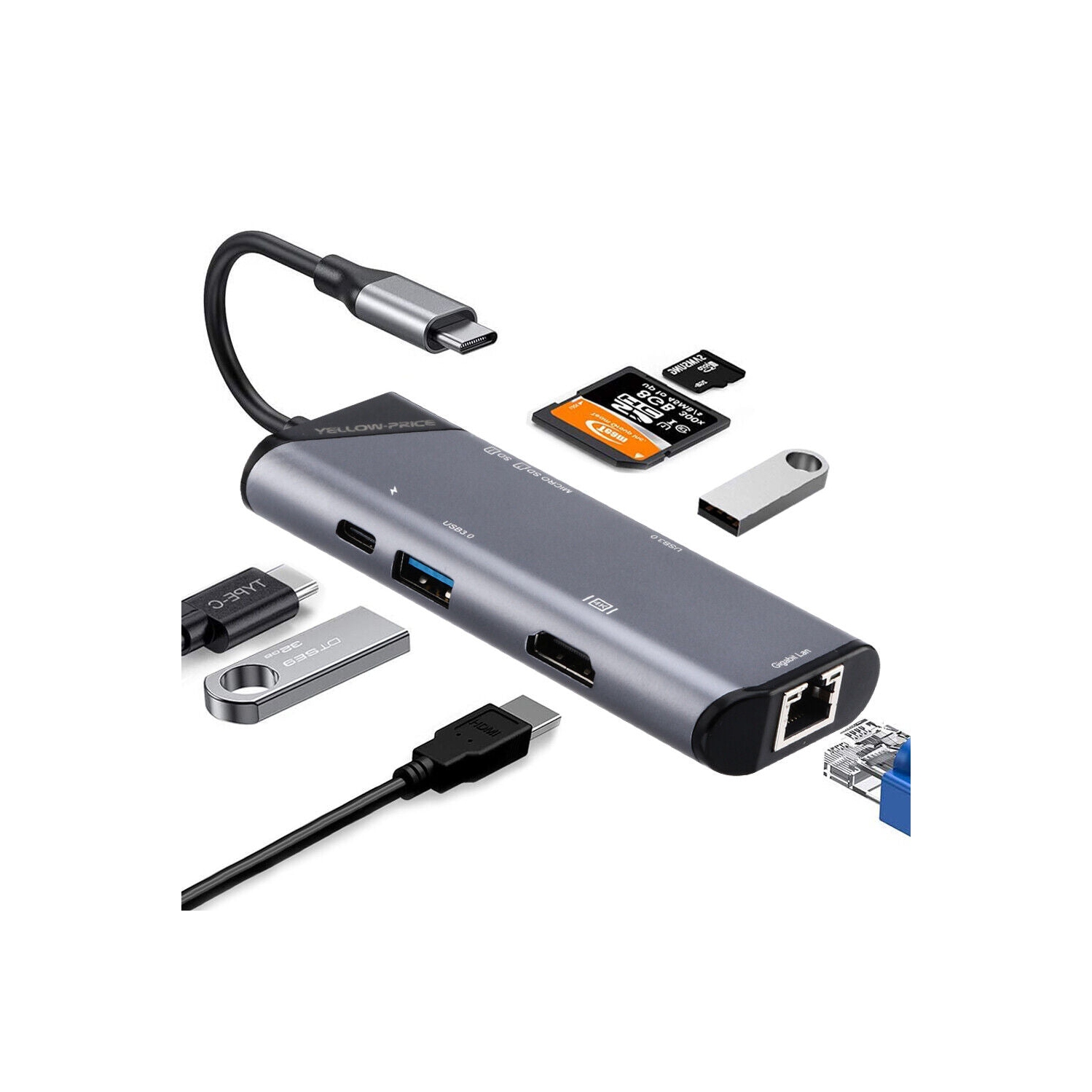 USB C Hub Adapter w/ 4K HDMI, Ethernet, Type C, USB 3.0 Port for Macbook Pro/Air