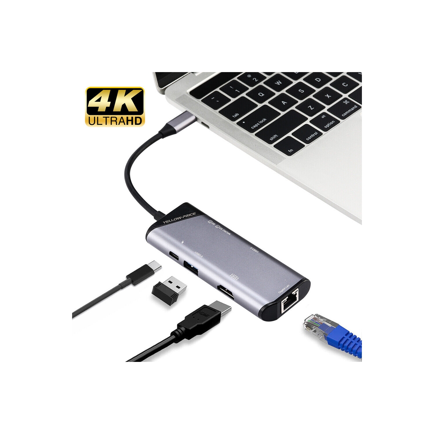 Aluminum USB-C Hub w/4K HDMI, Thunderbolt 3, USB 3, Card Reader, RJ45 Ethernet