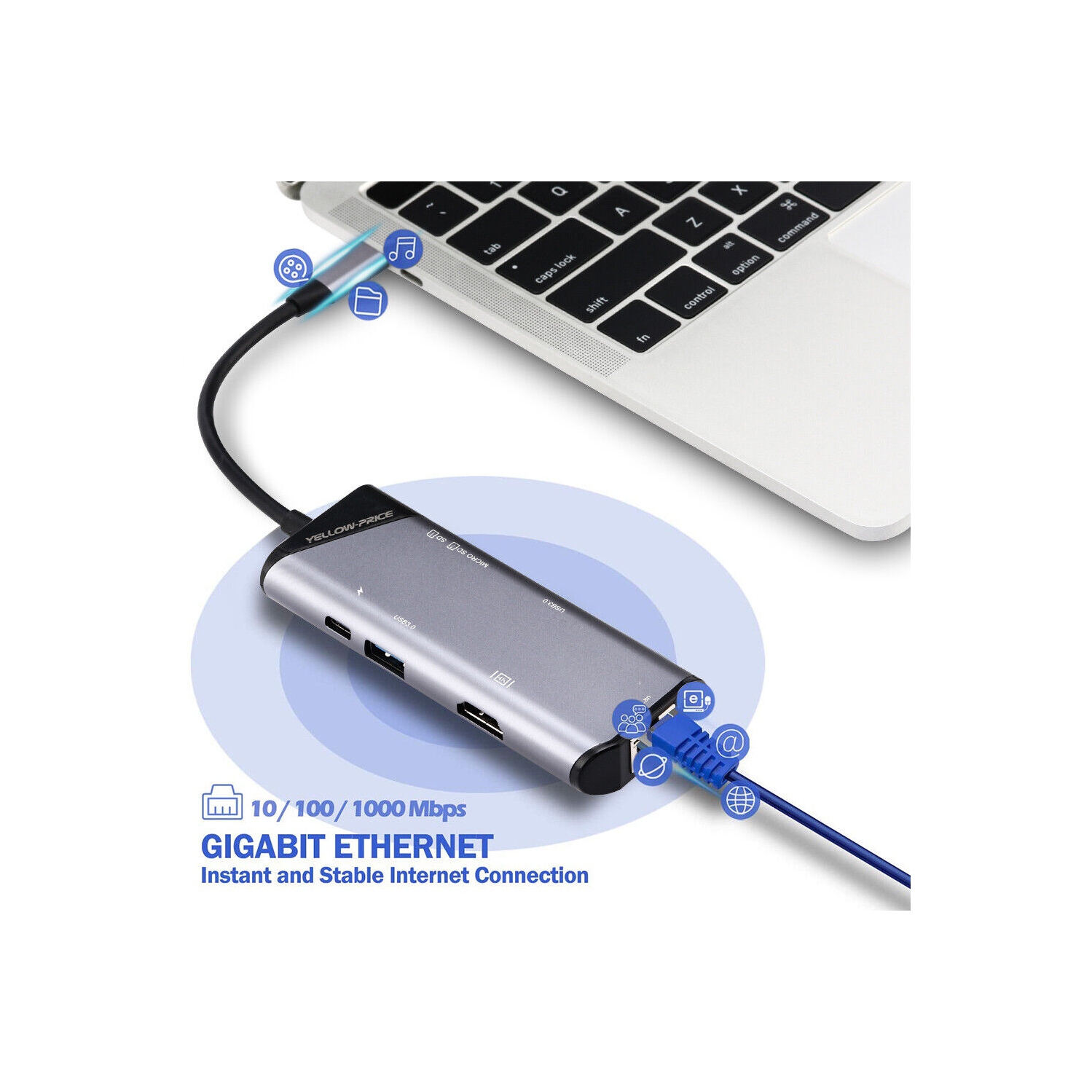 Aluminum USB-C Hub w/4K HDMI, Thunderbolt 3, USB 3, Card Reader, RJ45 Ethernet