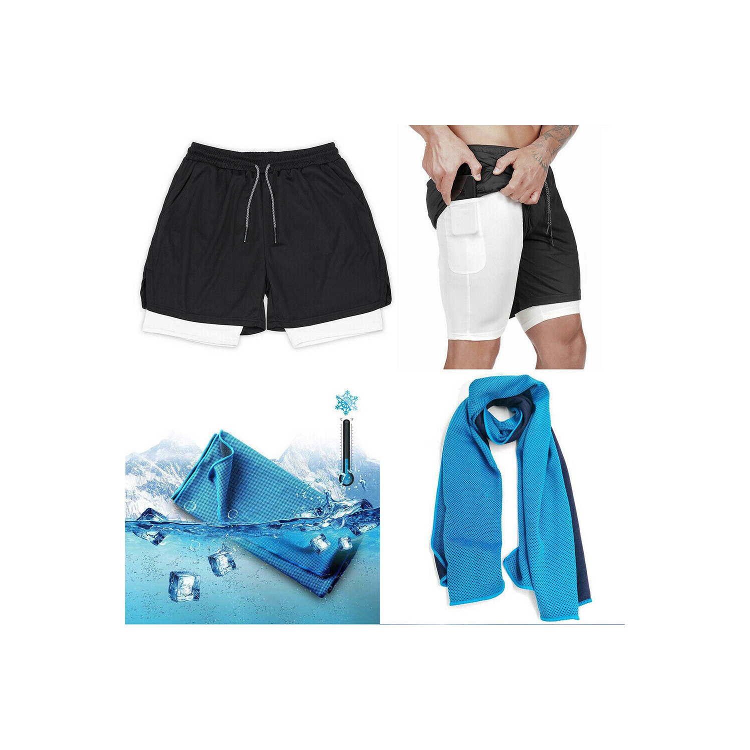 Short de course/de sport 2-en-1 et serviette à refroidissement instantané pour hommes pour la randonnée de yoga estivale