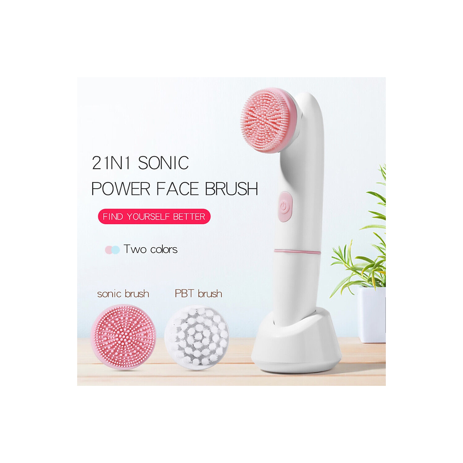 IPX6 Waterproof Sonic Facial Cleansing Brush- 2 Speed Modes, 2 Brush Heads, Base