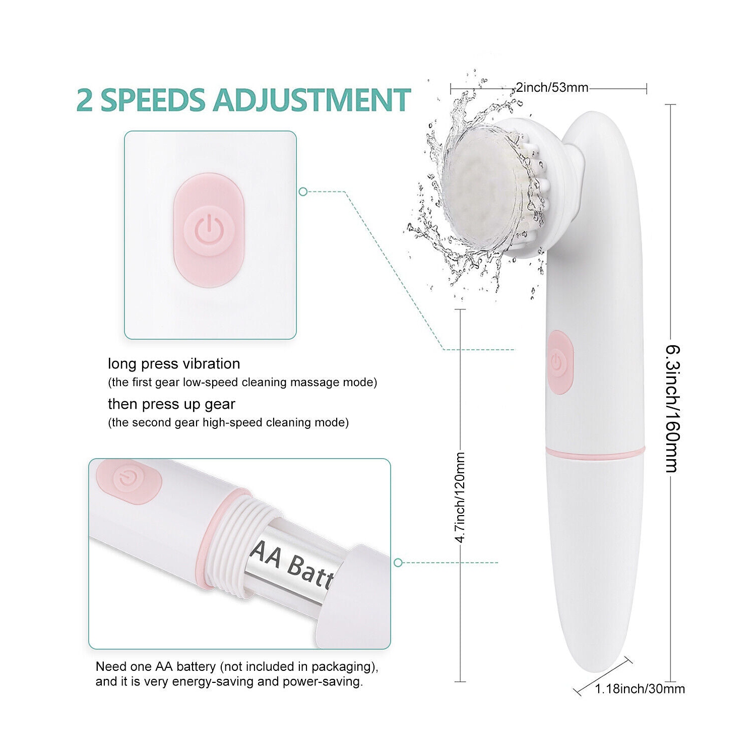 IPX6 Waterproof Sonic Facial Cleansing Brush- 2 Speed Modes, 2 Brush Heads, Base
