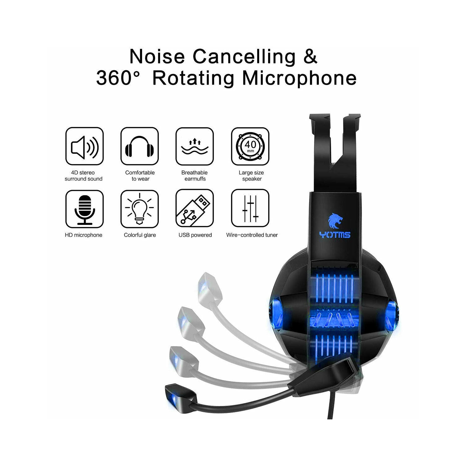 Gaming Headset with Rotatable, Noise Reduction Mic