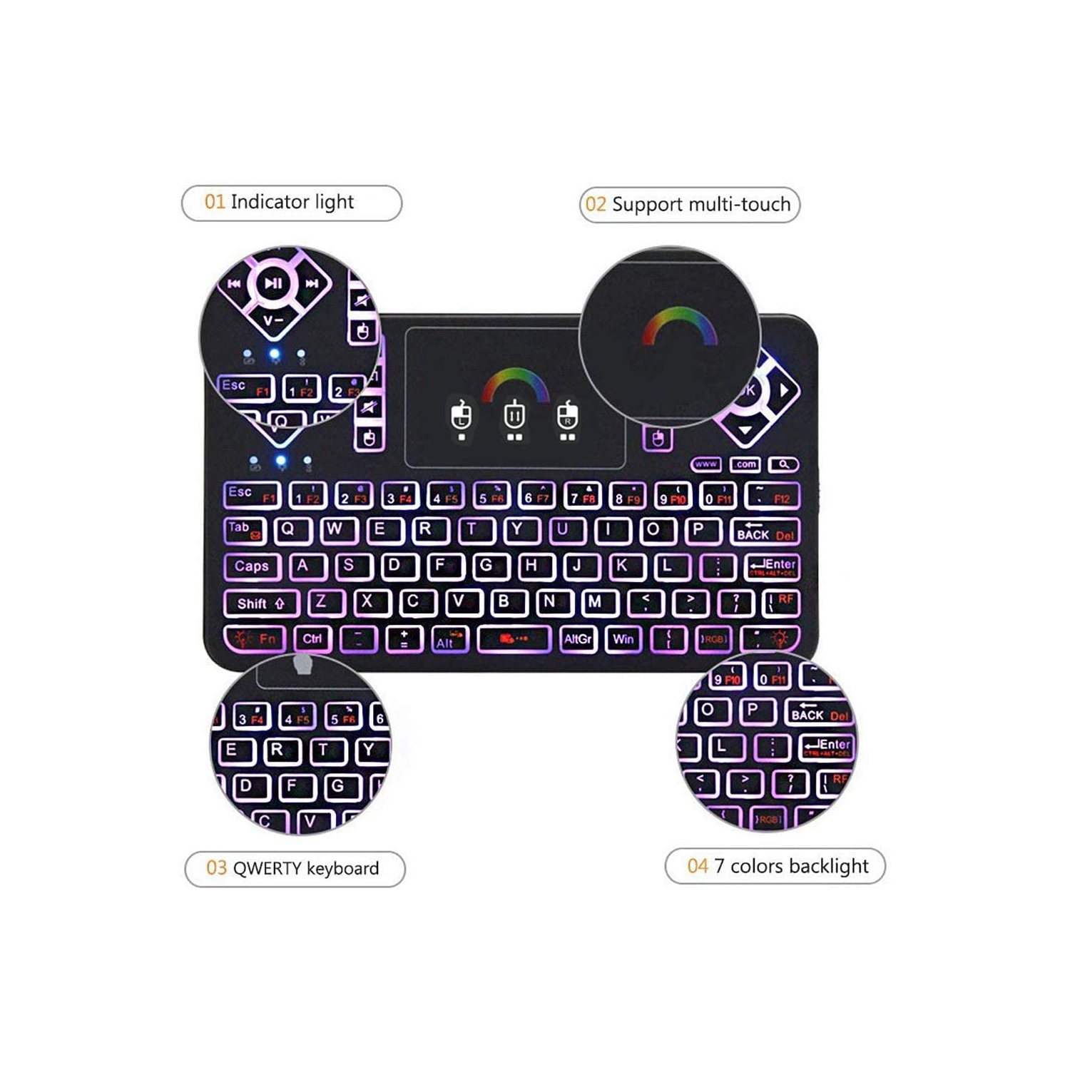 Mini Wireless Keyboard,Q9 Mini Keyboard with Touchpad,Colorful Backlit Small Wireless Keyboard,Mini Rechargeable