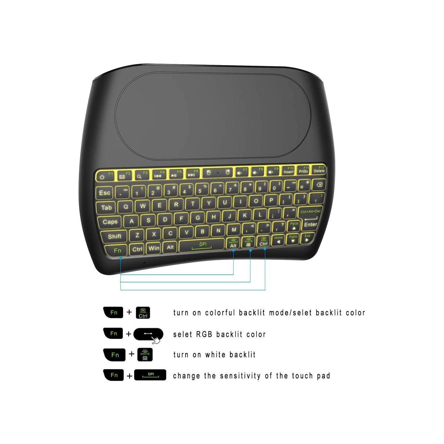 Mini Wireless Keyboard,D8 Mini Keyboard with Touchpad,Colorful Backlit Small Wireless Keyboard,Mini Handheld Remote