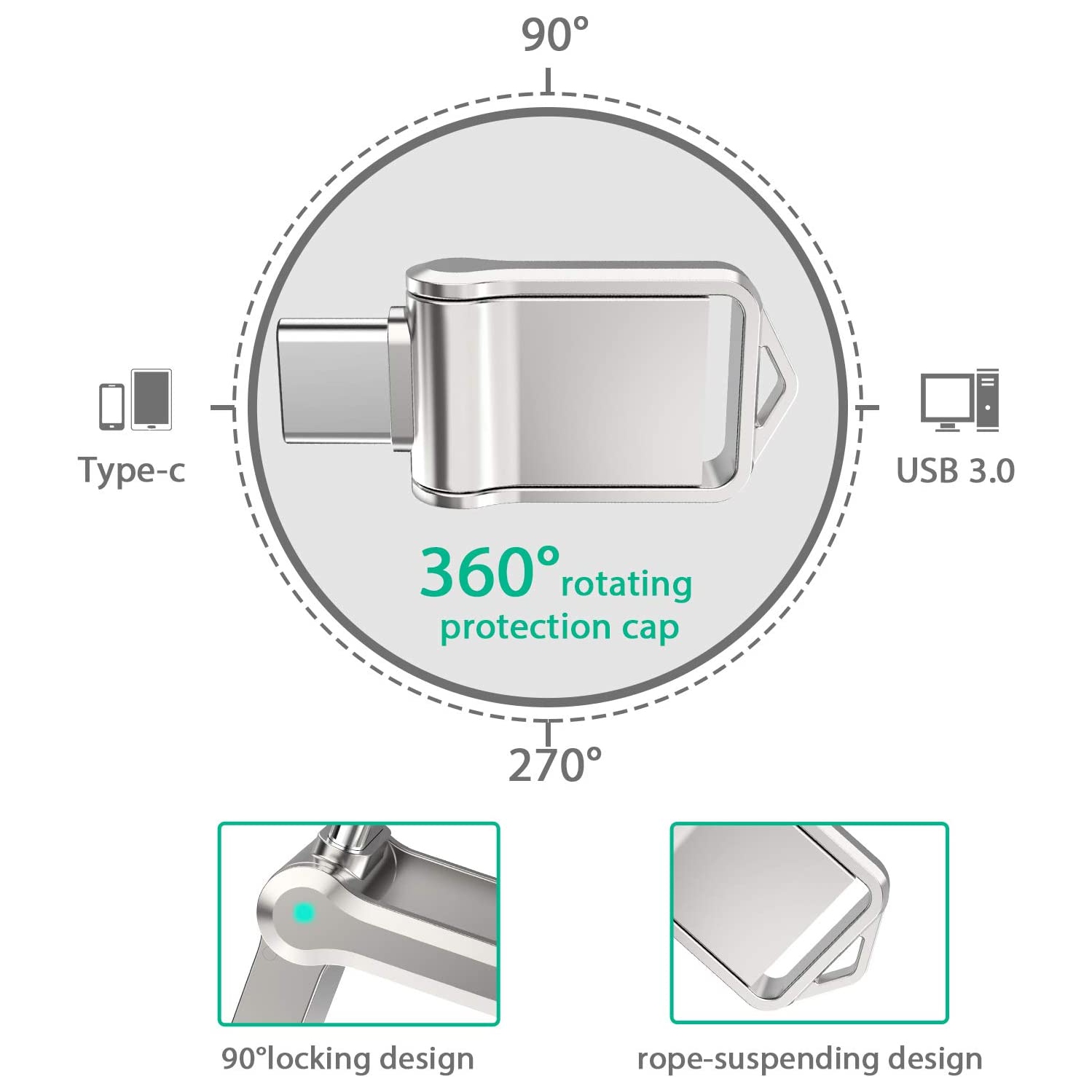 64GB Type C Flash Drive USB 3.0 Metal Dual OTG Flash Drive USB C Thumb Drive Memory Stick for USB-C Smartphones,