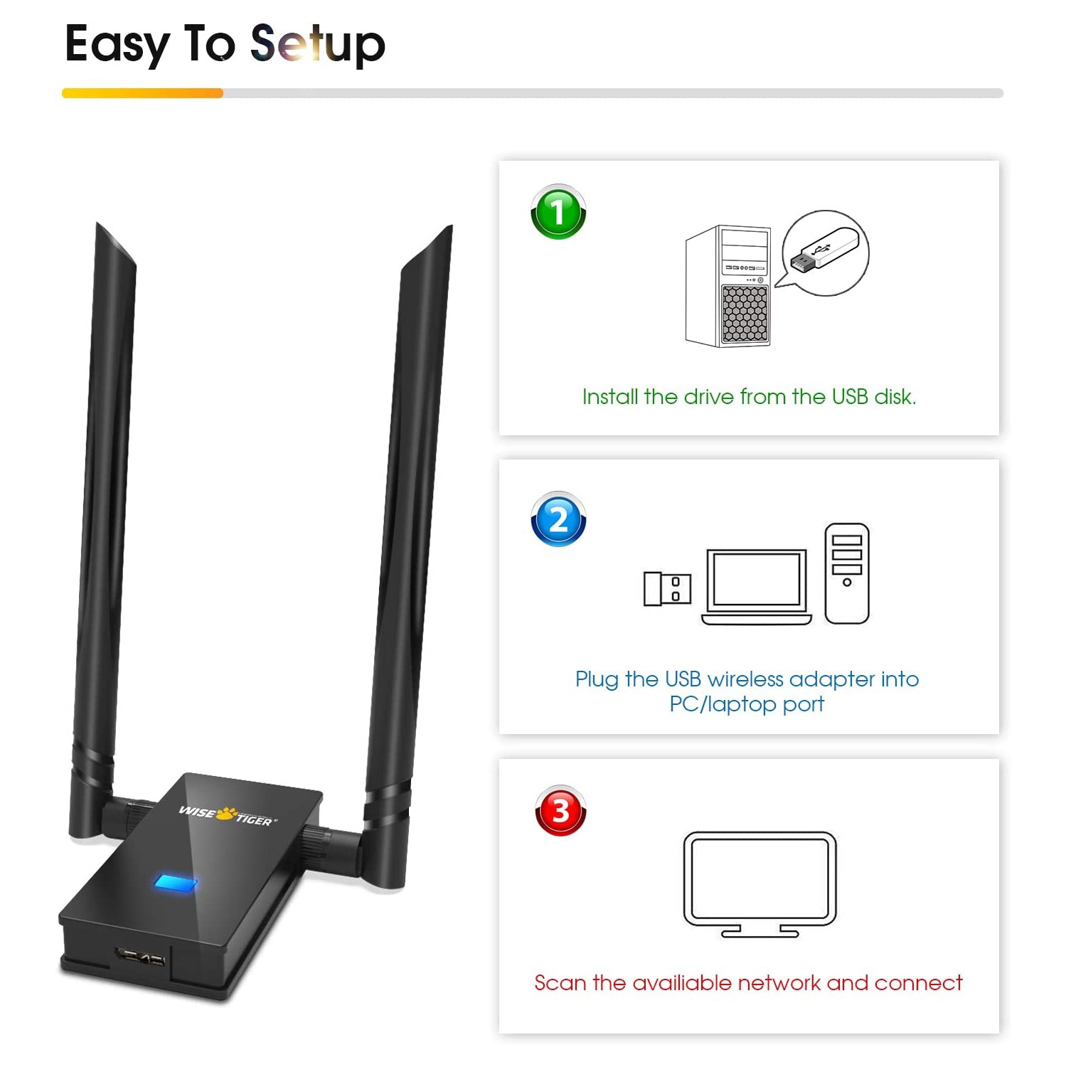 WiFi Adapter For Big Room, 1200Mbps Usb Wireless Network Adapter AC With 5dBi High Gain Antenna Compatible with Windows