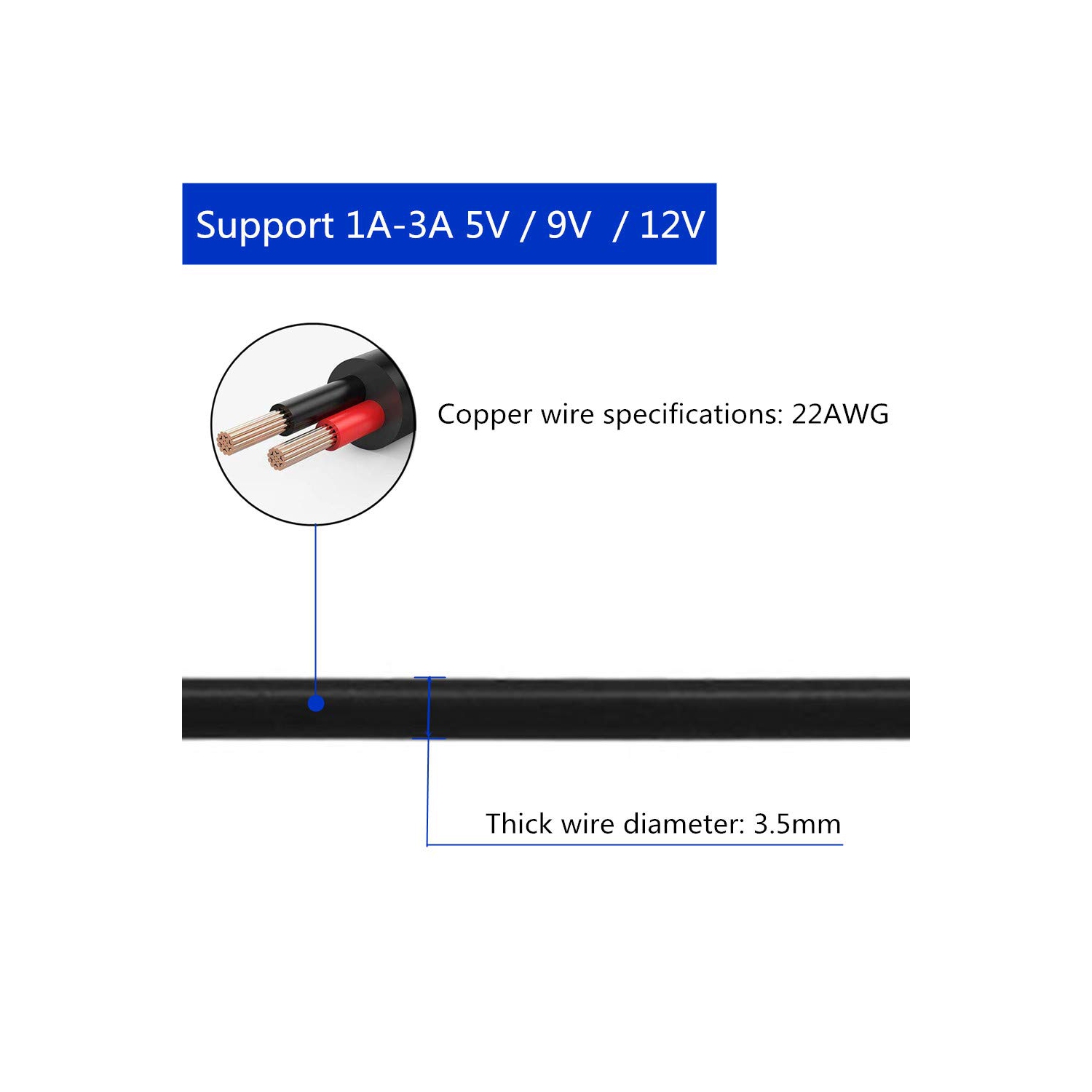 2 câbles d’adaptateur c.c. 12 V de 2,1 x 5,5 mm de 3 m, câble d’extension de prise c.c. mâle à femelle noir, pour DEL, télévision en circuit fermé,