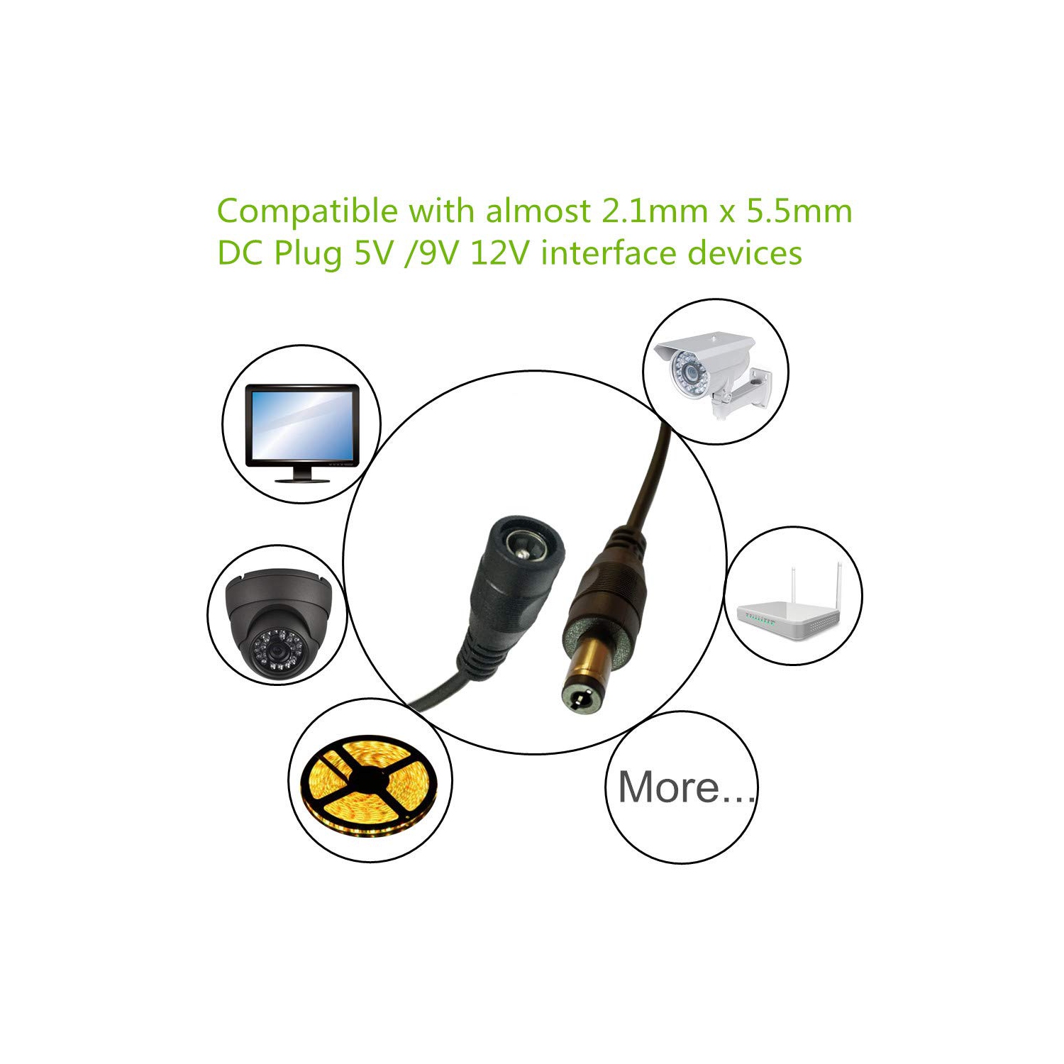 2 câbles d’adaptateur c.c. 12 V de 2,1 x 5,5 mm de 3 m, câble d’extension de prise c.c. mâle à femelle noir, pour DEL, télévision en circuit fermé,