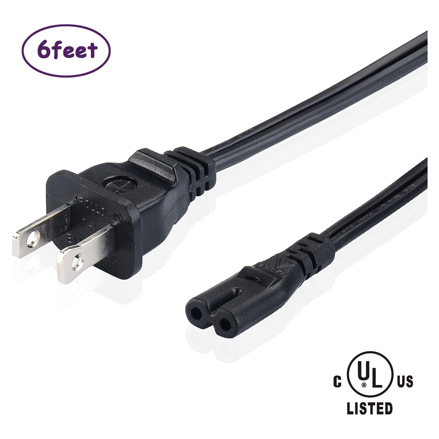 2-Slot UL Certified Power Cord 2 Prong AC Wall Cable for LED LCD TV Samsung LG Sharp Canon Pixma Hp Brother Lexmark