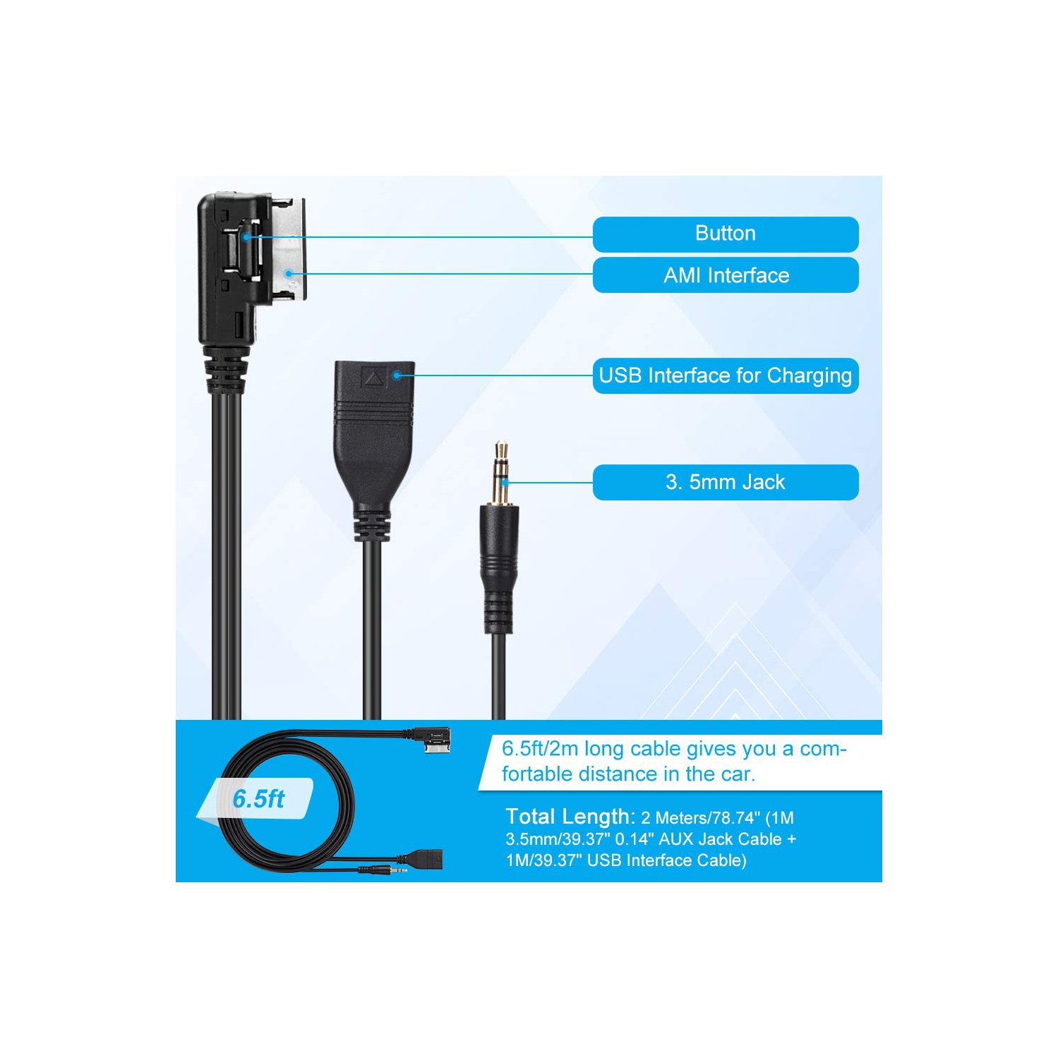 AMI USB 3.5mm Aux Cable VW 3.5mm USB Adapter AMI MMI Audio Music Interface Cord Charger Cable for VW Audi S5 Q5 Q7 A3