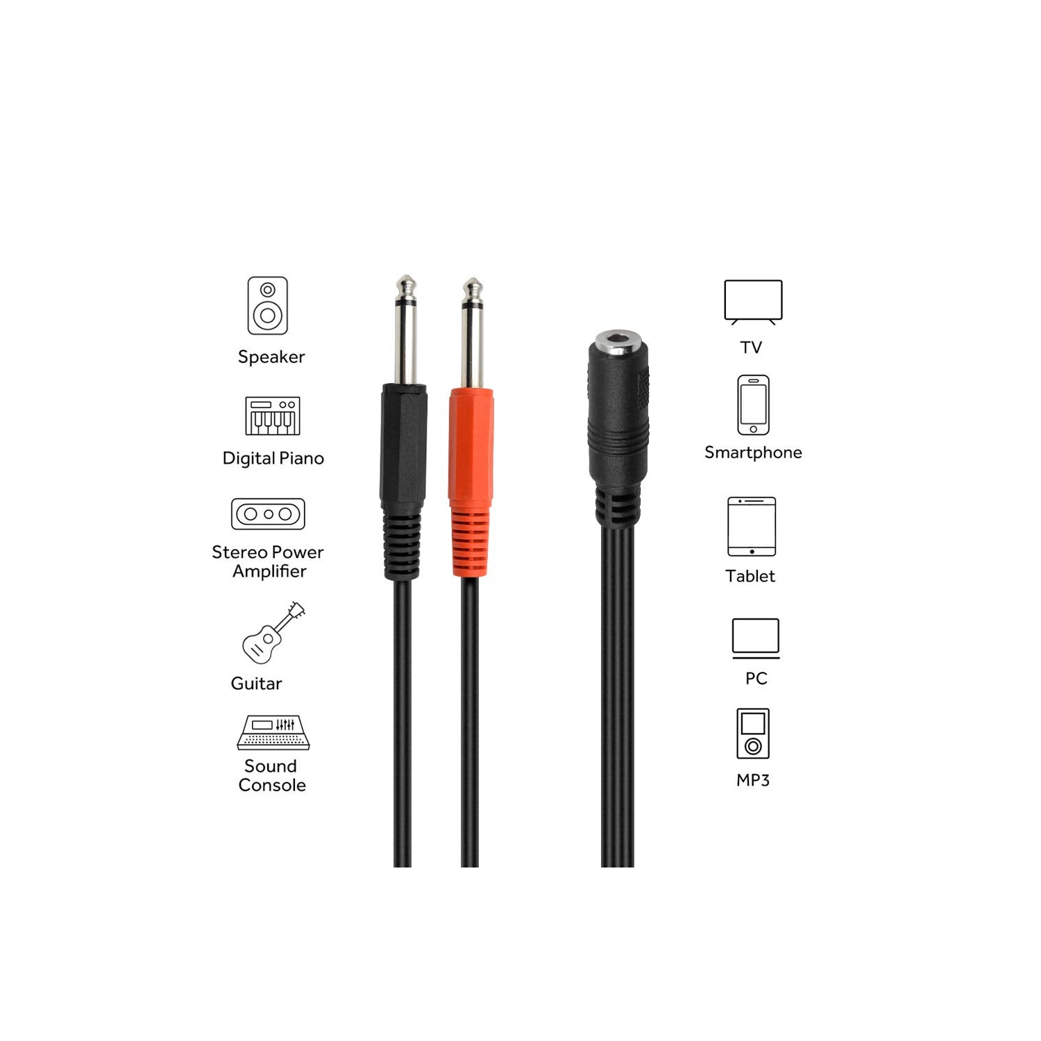 3.5mm 1/8" TRS Stereo Female to 2 Dual 1/4 Inch 6.35mm Mono TS Male Y Splitter Cable, Stereo 1/4 to 1/8