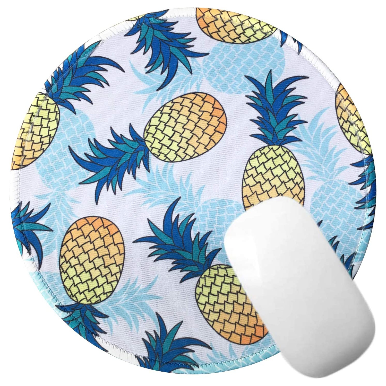 Mouse Pad Cute Blue Yellow Pineapple Pattern Mousepad Non-Slip Rubber Base Mousepad with Stitched Edge, Gaming Round