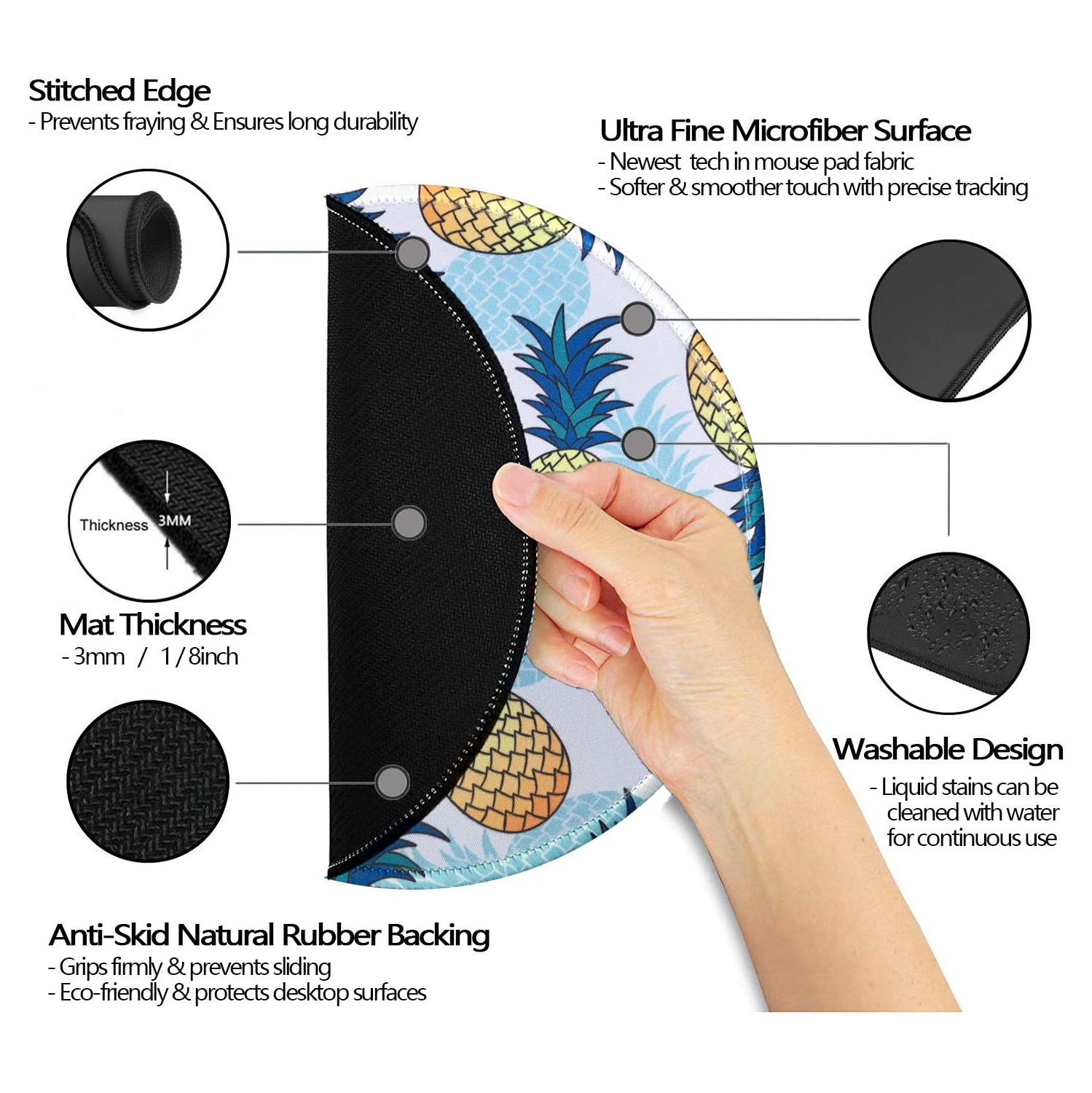 Mouse Pad Cute Blue Yellow Pineapple Pattern Mousepad Non-Slip Rubber Base Mousepad with Stitched Edge, Gaming Round