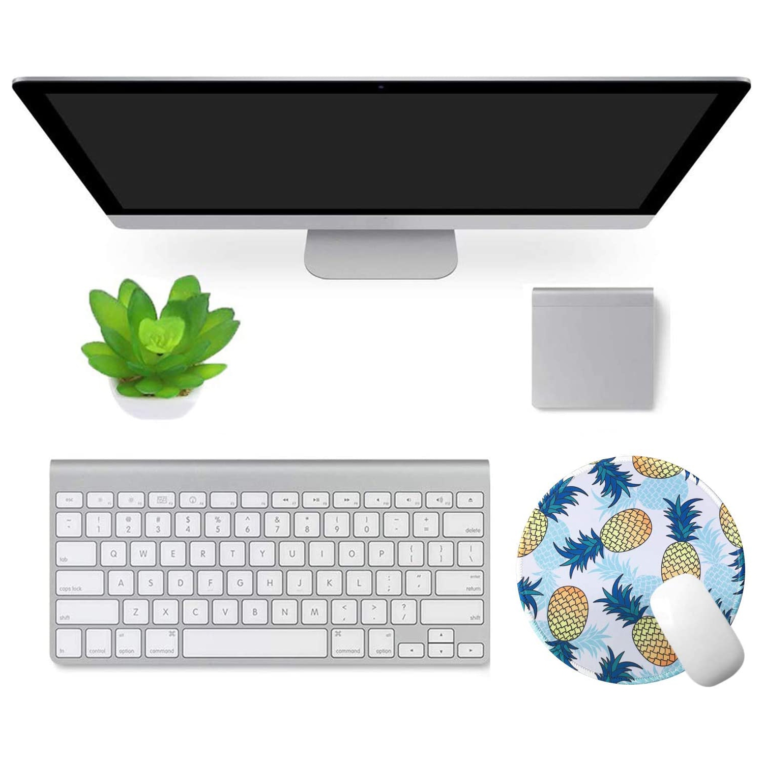 Mouse Pad Cute Blue Yellow Pineapple Pattern Mousepad Non-Slip Rubber Base Mousepad with Stitched Edge, Gaming Round