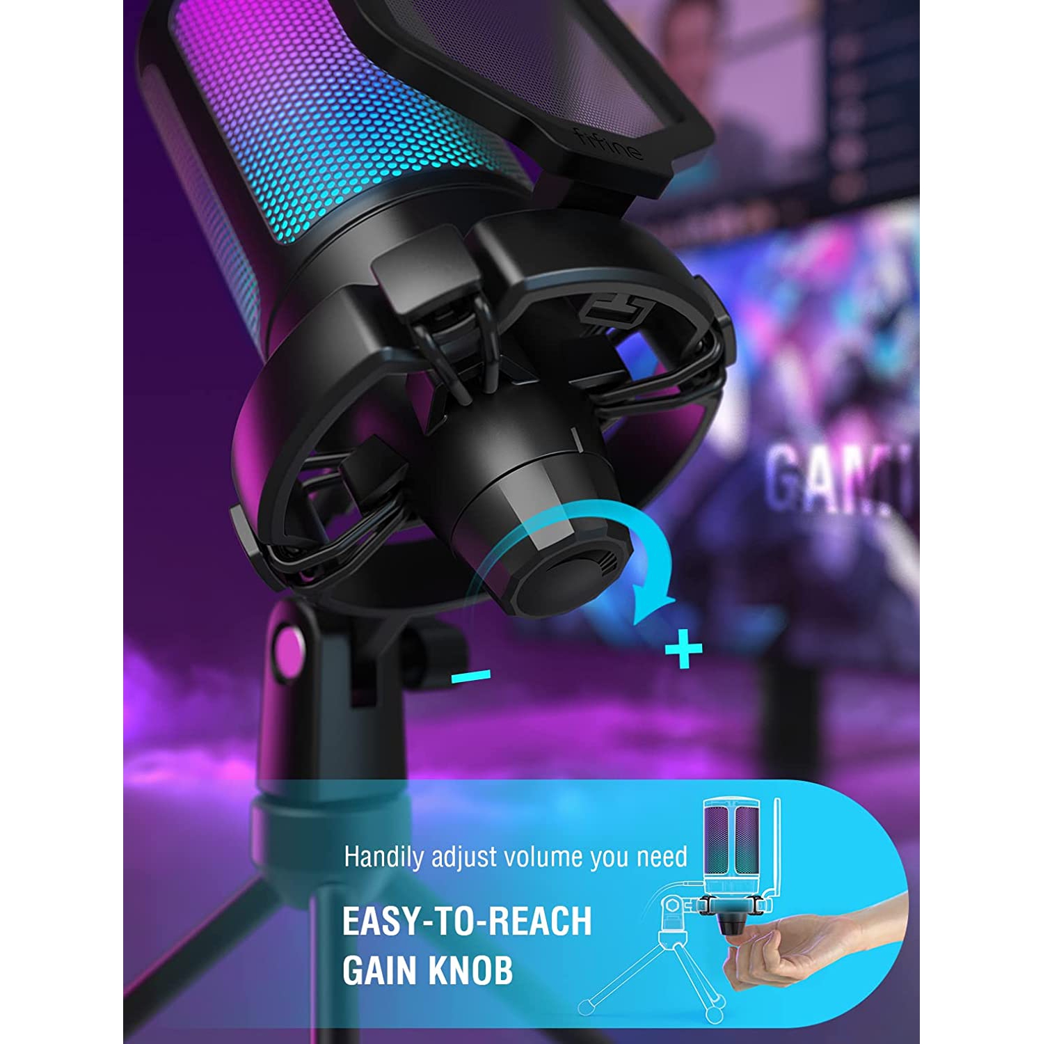 Fifine USB Gaming Microphone for PC PS5, RGB Condenser Mic with Quick Mute