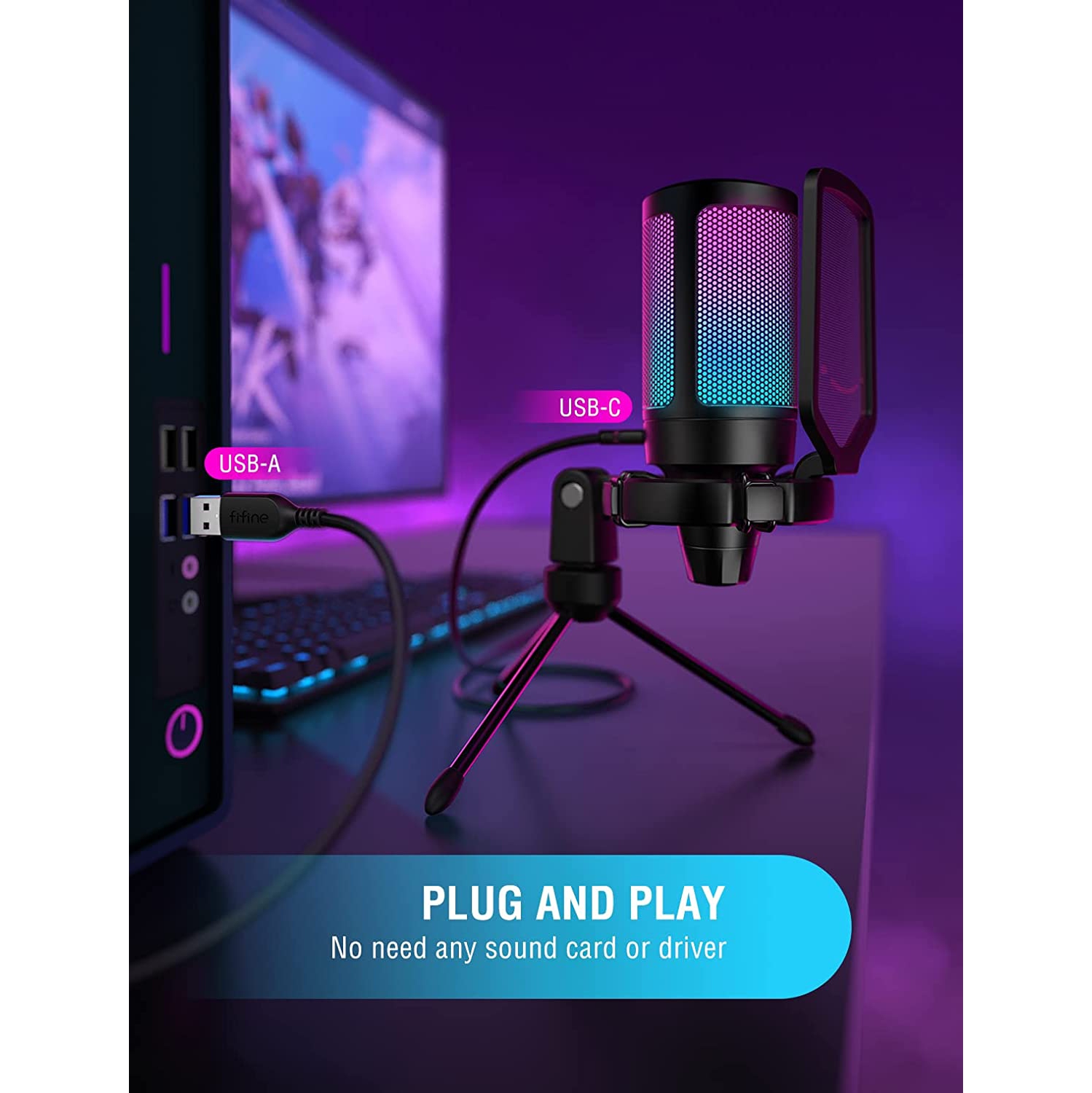 Fifine USB Gaming Microphone for PC PS5, RGB Condenser Mic with Quick Mute