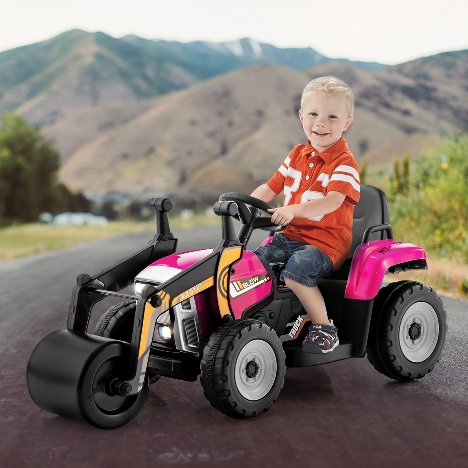 Costway Kids Ride On Road Roller 12V Electric Tractor Remote w/ Music & LED Light