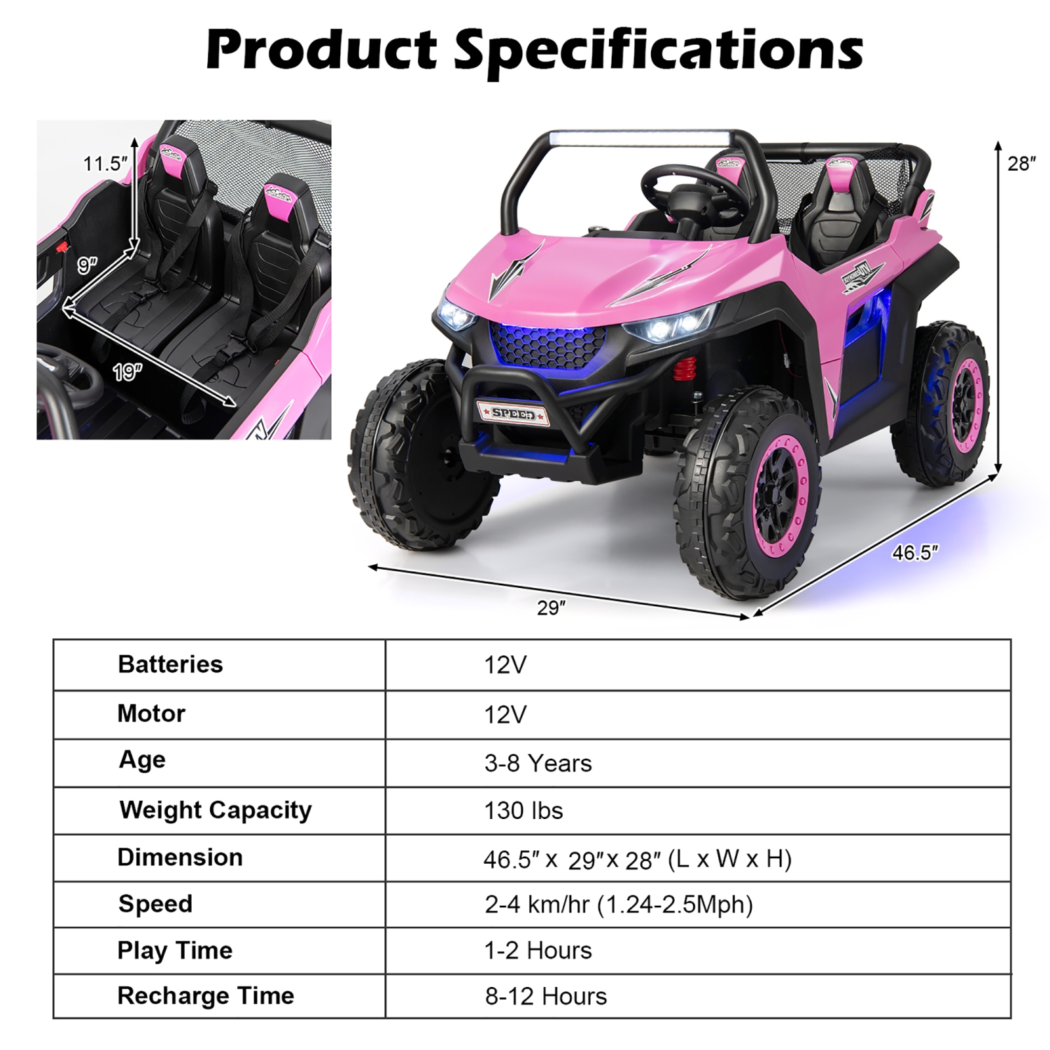 12V 2-Seater Kids Ride On UTV RC Electric Vehicle Suspension w/ Lights & Music