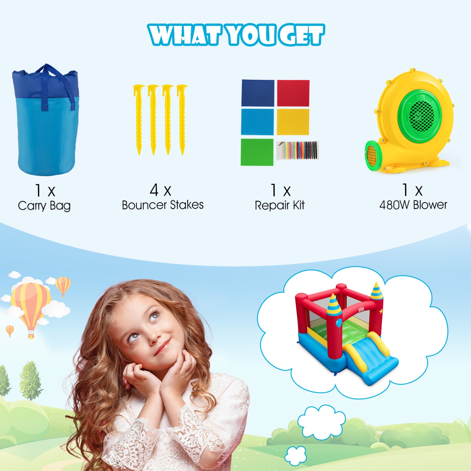 Costway Inflatable Bounce Castle Kids Jumping Bouncer Indoor Outdoor with 480W Blower