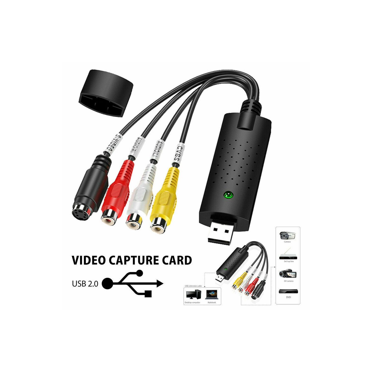 USB 2.0 Video Audio Capture Card Adapter PC VHS VCR TV to DVD Converter Support Win 2000/Win XP Win Vista Win 7 Win 8 Win 10 Win Vista Linux