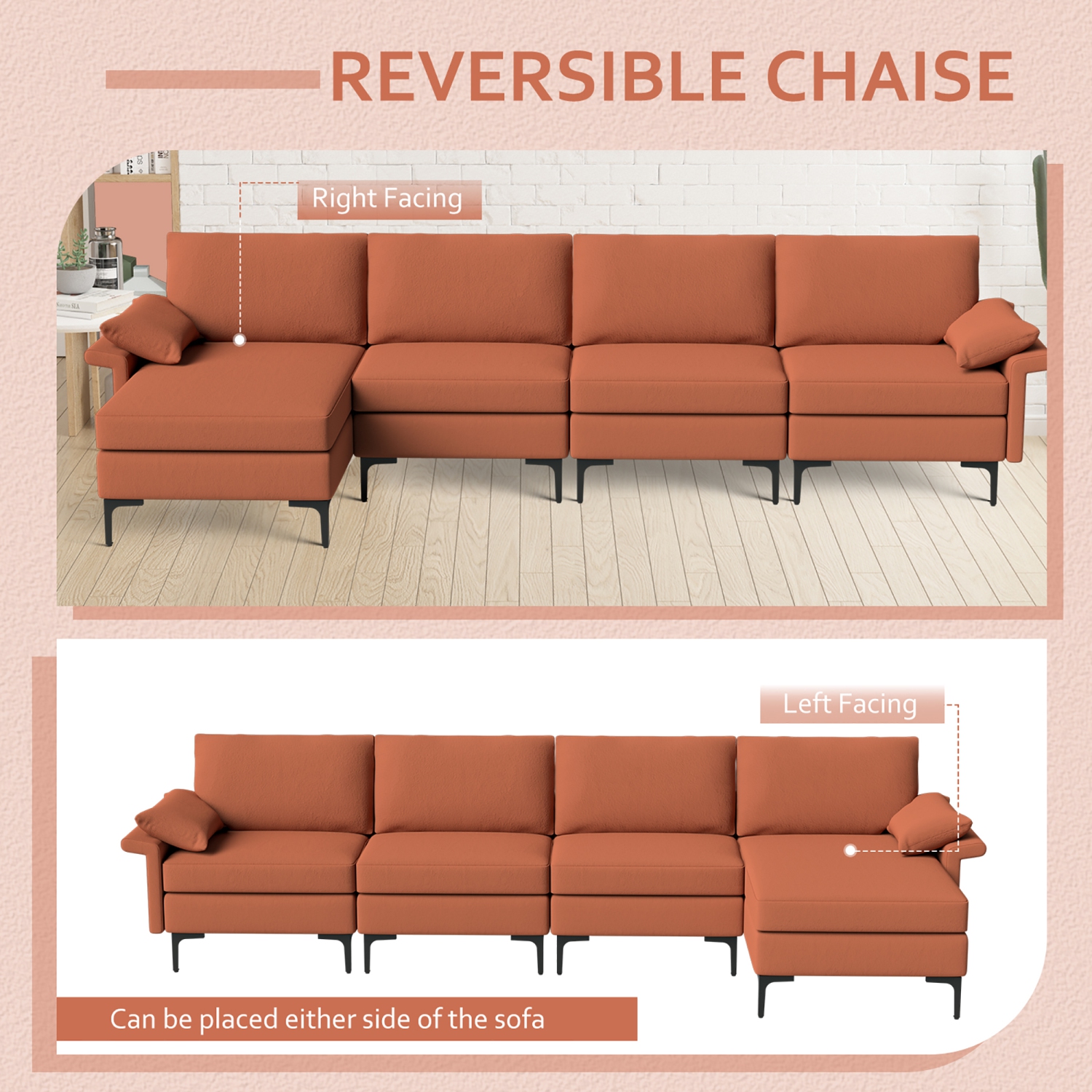Costway Modern Modular L-shaped Sectional Sofa USB Sofa w/ Reversible Chaise & 4 USB Ports Red
