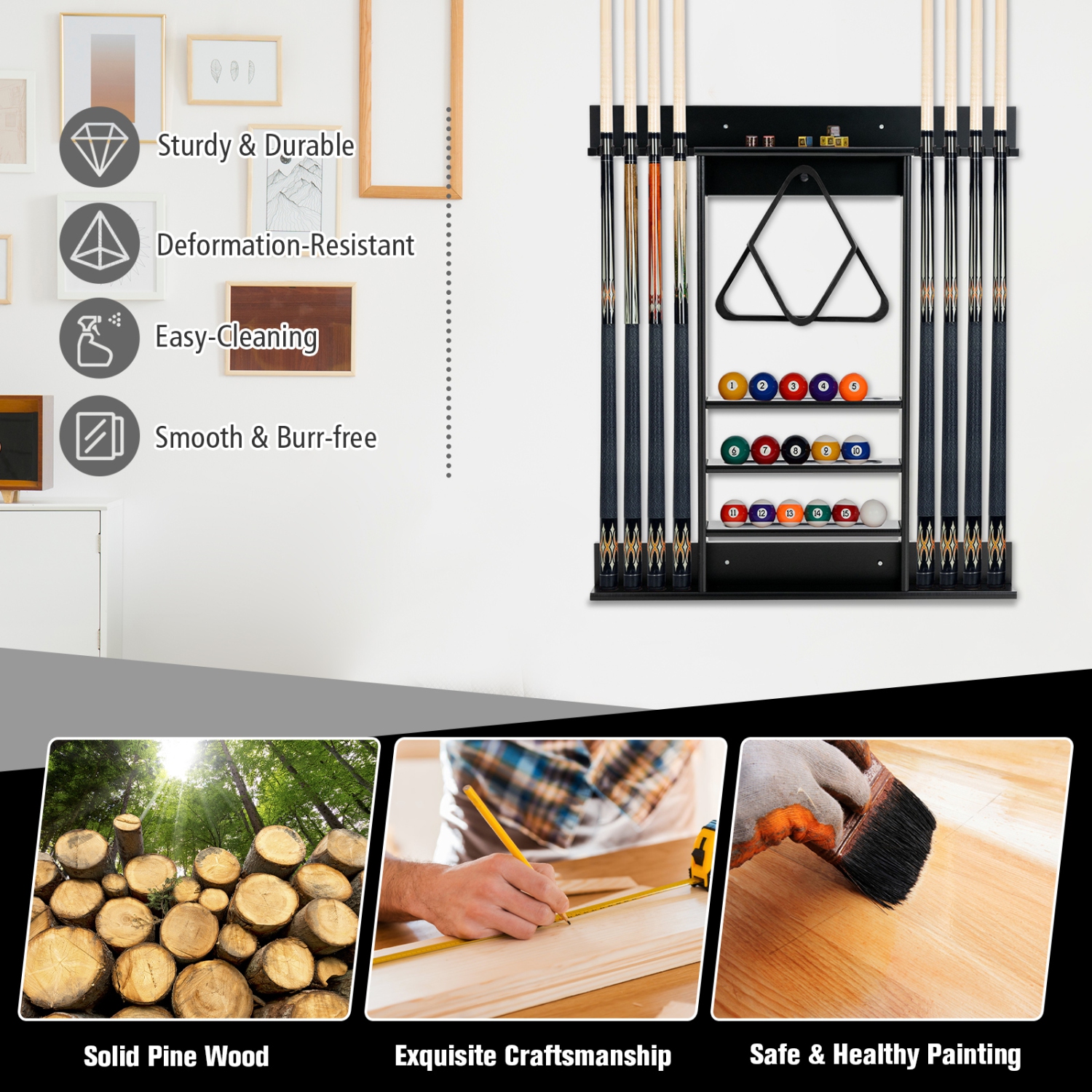 Support mural d’autocollants de piscine pour queues de billard de TopBuy pour ranger les queues de billard et les accessoires de table de billard