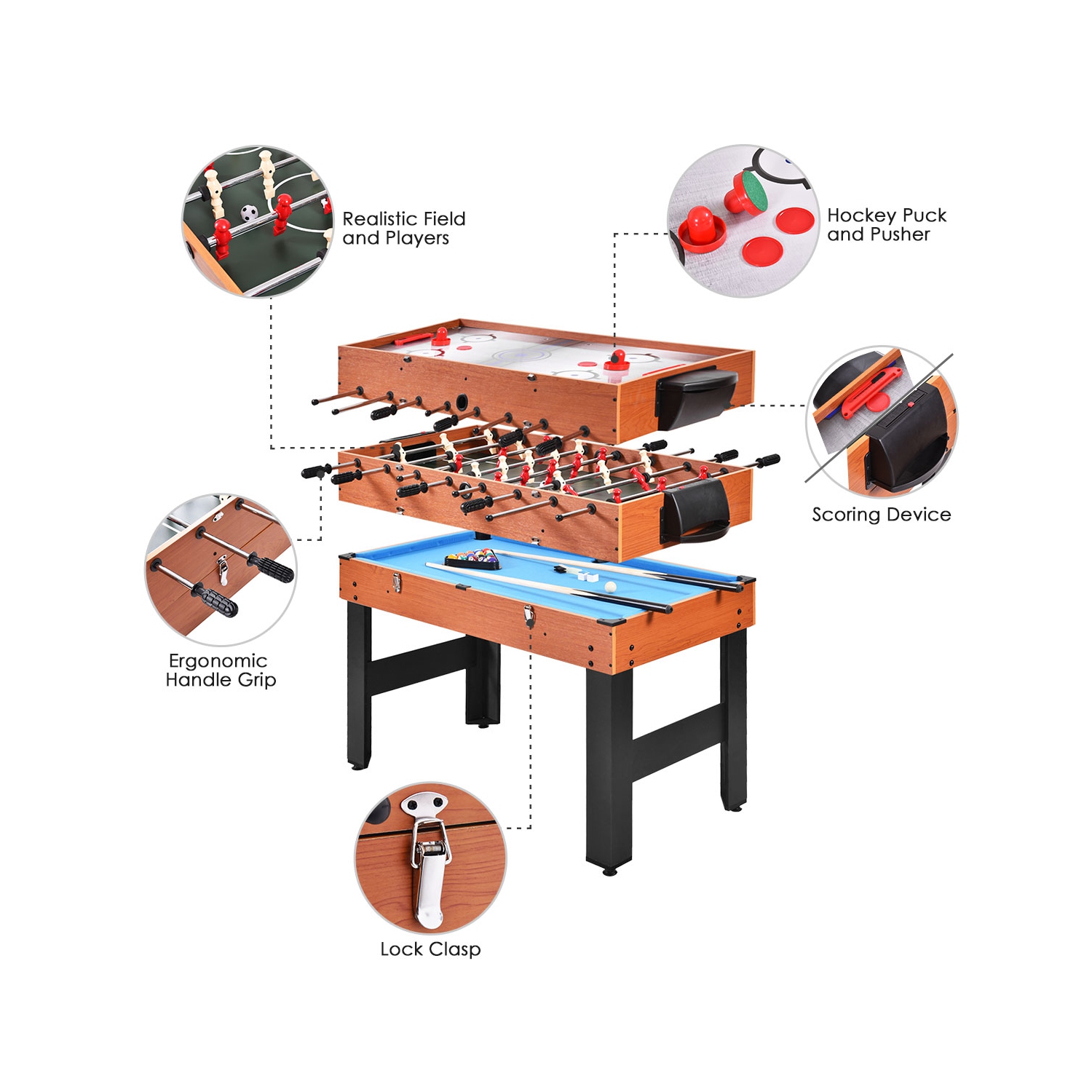 Topbuy 3-In-1 Multi Game Table Wooden Soccer Billiard Game Combo Table