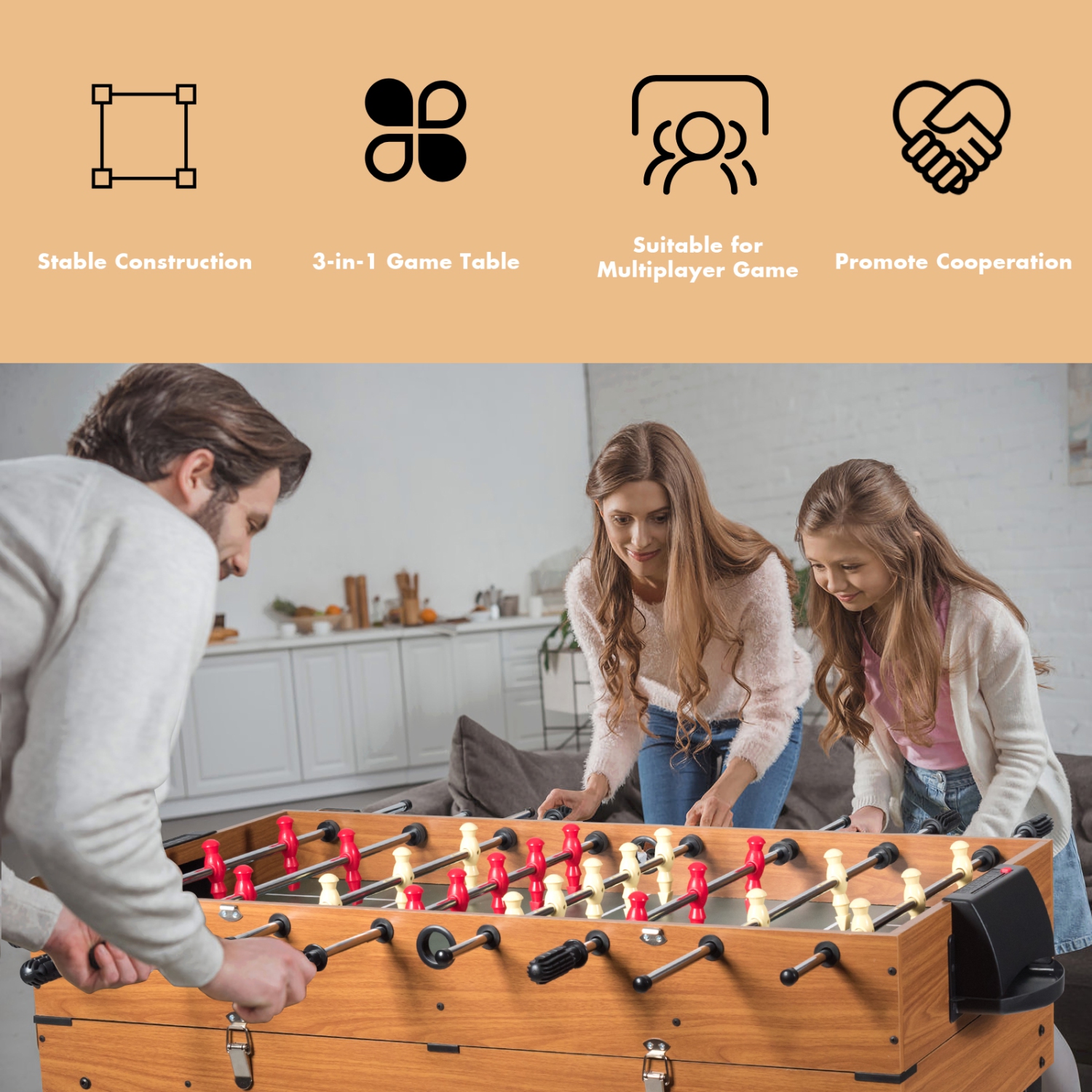 Topbuy 3-In-1 Multi Game Table Wooden Soccer Billiard Game Combo Table