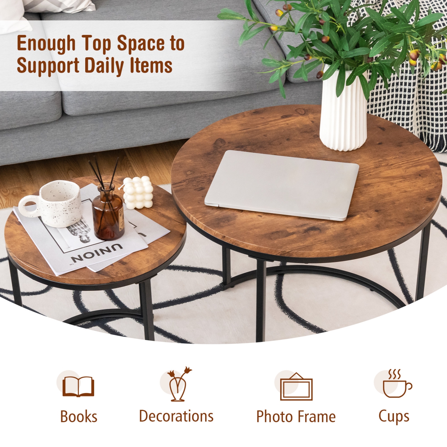 Topbuy 2PCS Stacking Metal Legs Modern Side Round Nesting Coffee Table w/ Wooden Tabletop for Living room Rustic Brown/Brown