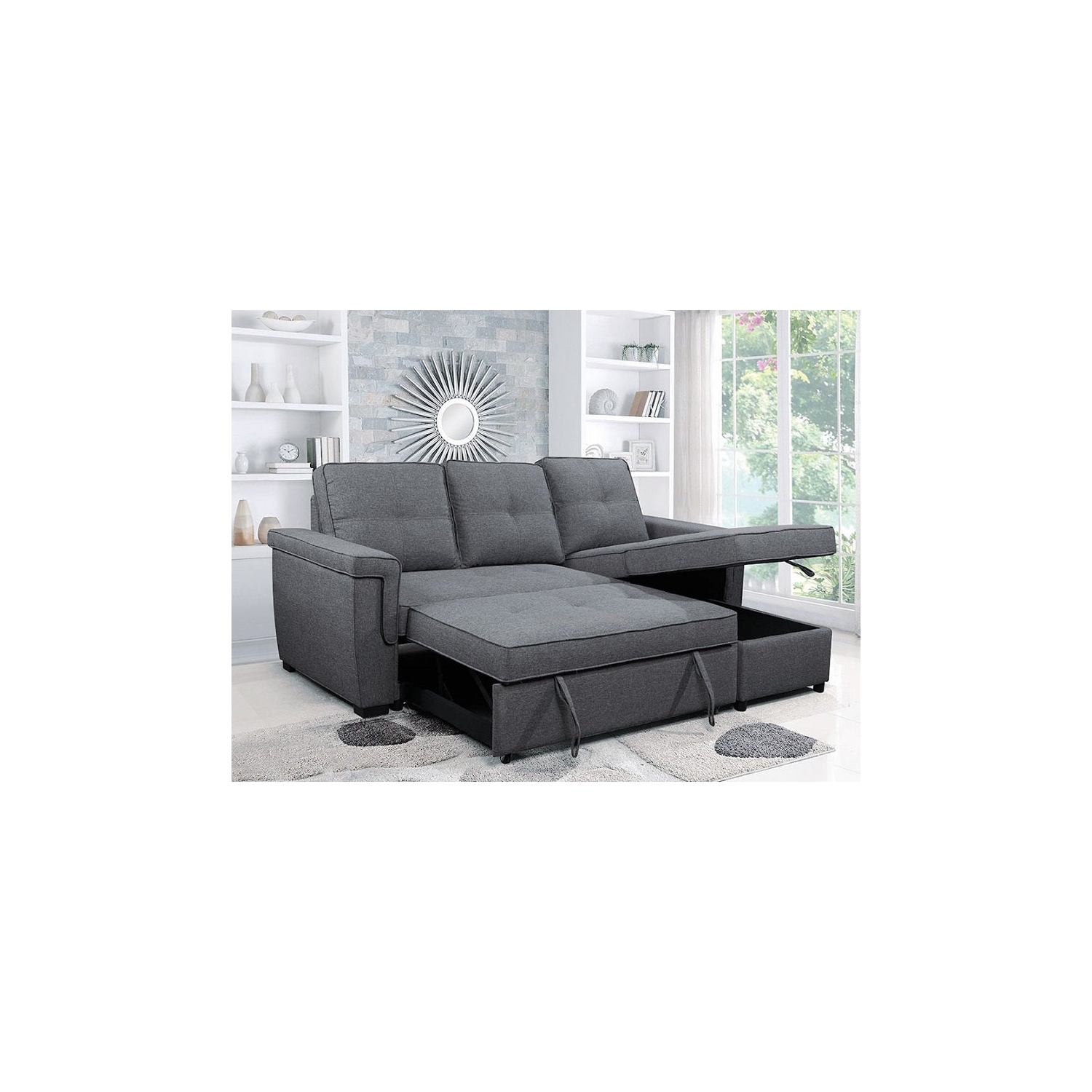 Grey Linen Reversible Sofabed Sectional w Storage and Piping Details