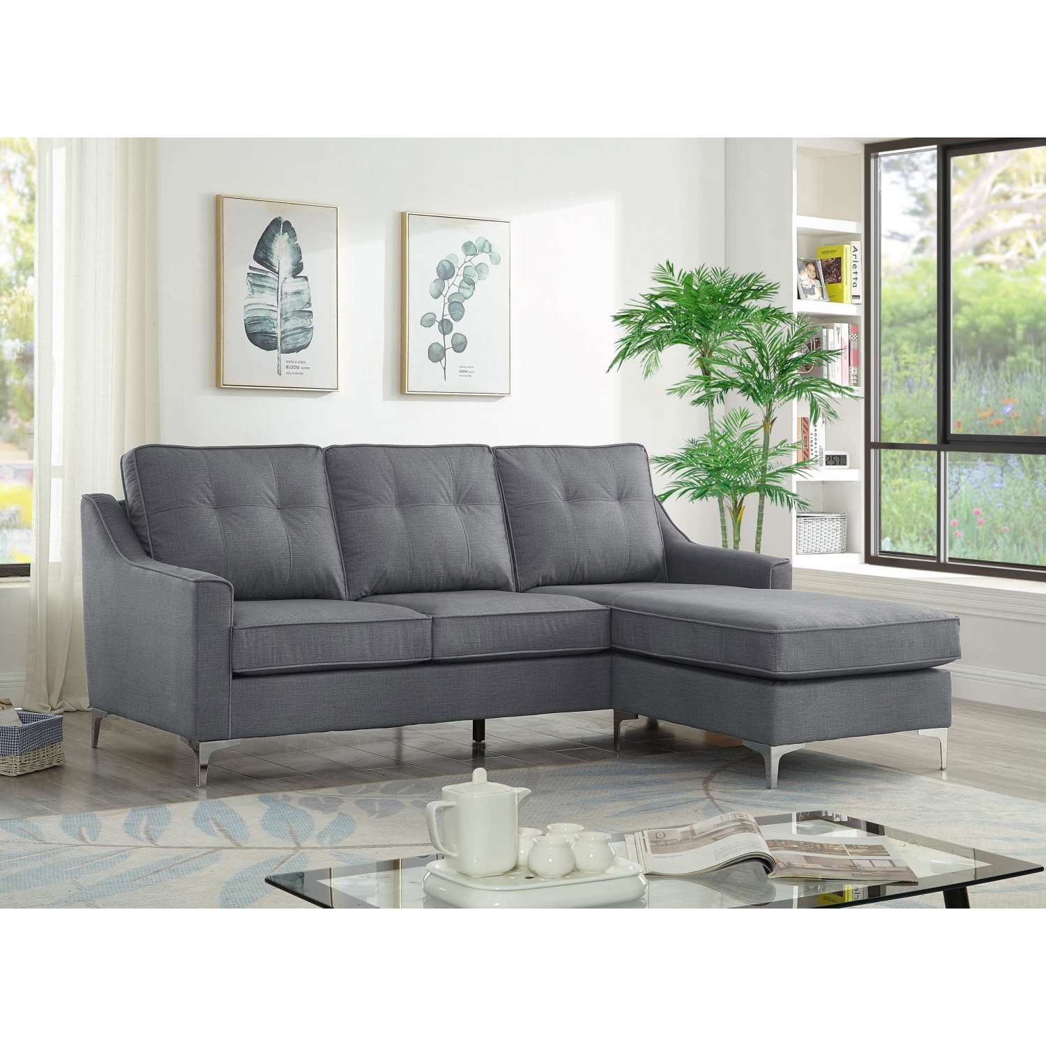 Reversible Sofa Sectional w Button Tufting and Chrome Legs