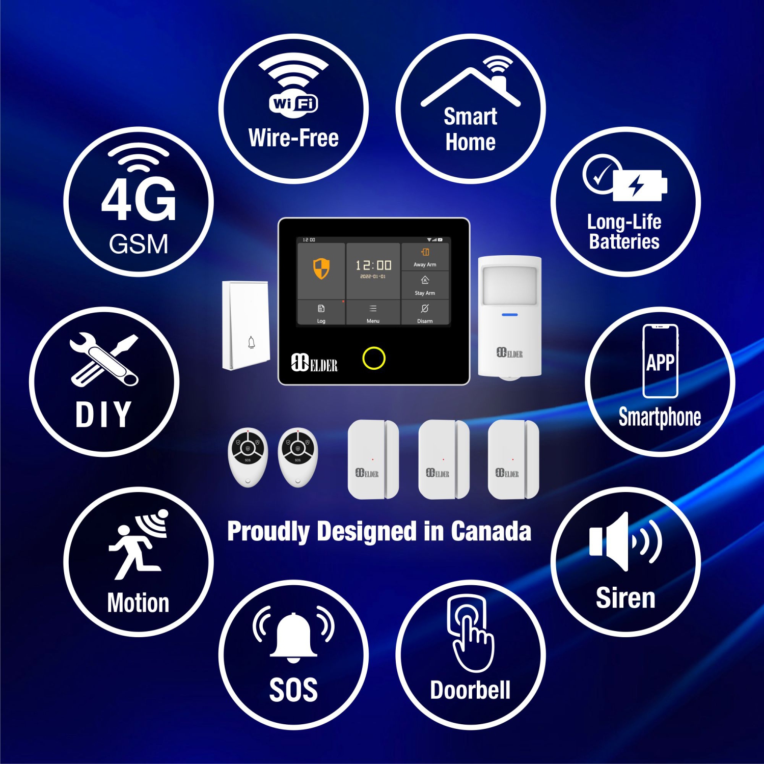 Elder Système d'alarme sans fil 8 pièces Wi-Fi et alarme intelligente 4G DIY, panneau tactile couleur, sonnette, capteurs d'alarme de porte et de